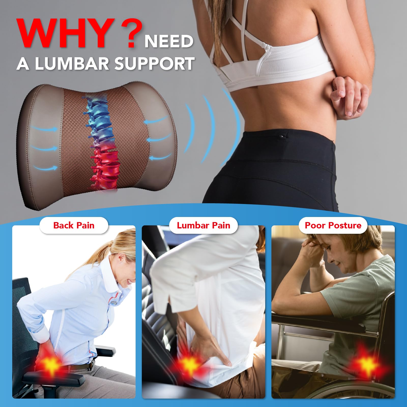 Lumbar Support Pillow: Memory Foam Lumbar Pillow For Lower Back Pain Relief - Car Back Cushion For Driving - Lumbar Support For
