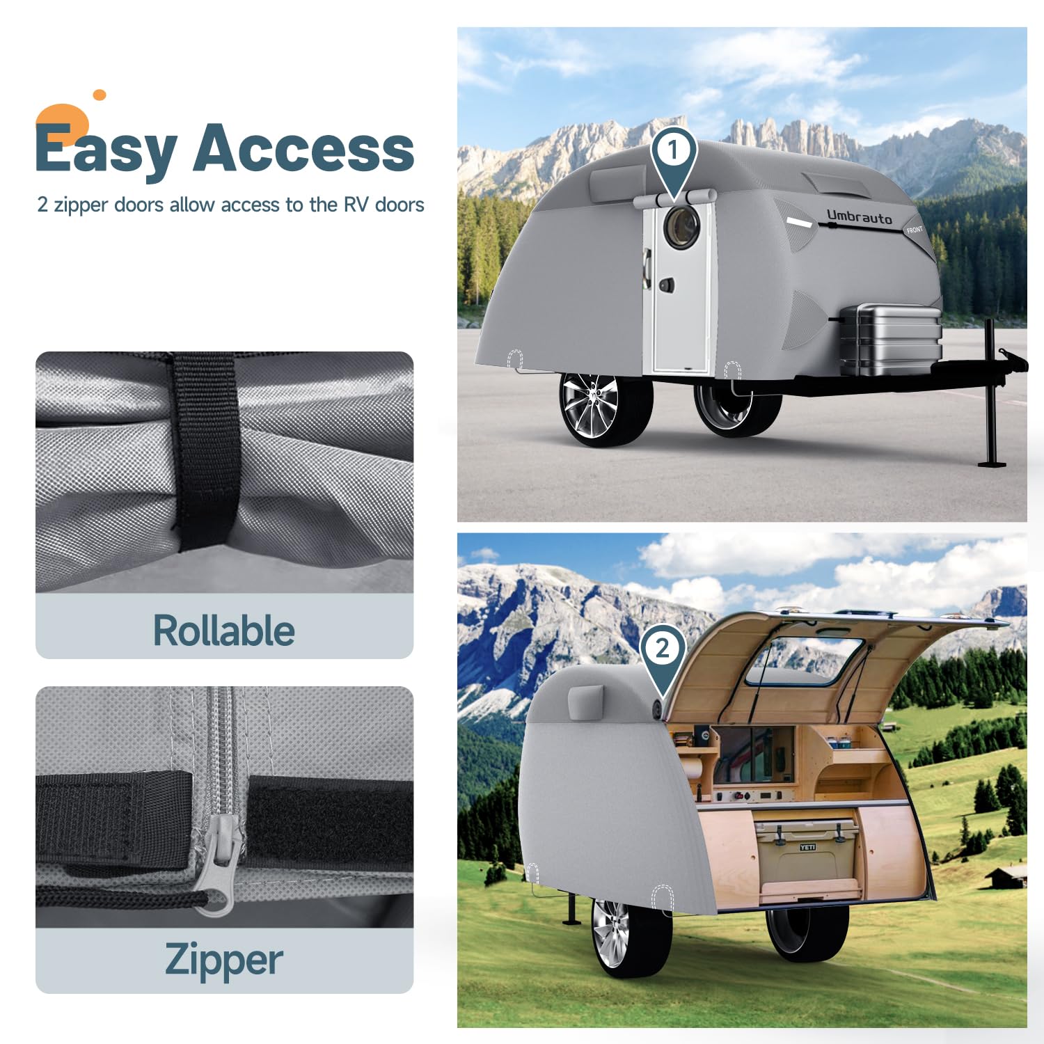Umbrauto Teardrop Travel Trailer Cover - 7-Layer Waterproof, Fits 12-15FT, Heavy Duty, Windproof Strap for R-Pod & Clamshell Trailers