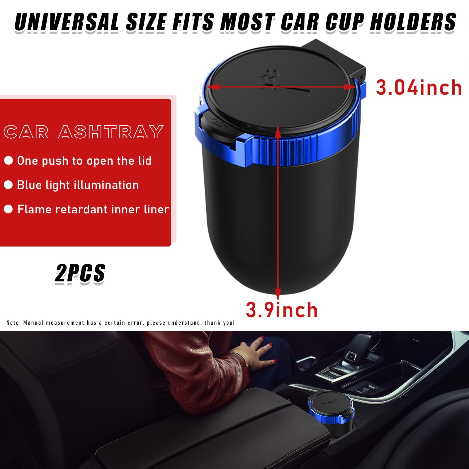 Dickno 2 PCS Car Ashtray with Lid, Detachable Stainless Smokeless Auto Ashtray, Portable Mini Vehicle Trash Can with LED Blue Li