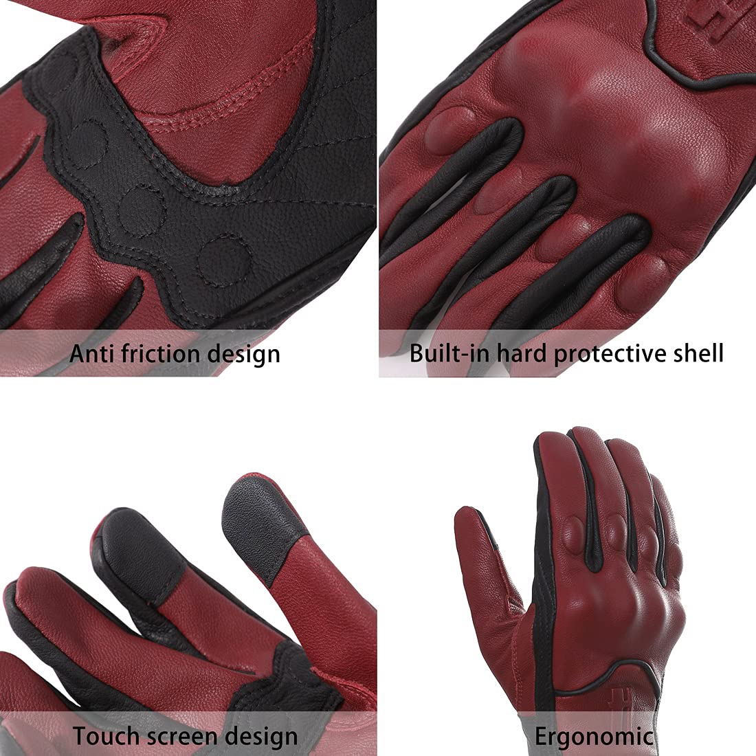 Harssidanzar Motorcycle Gloves - Leather Touch Screen Riding Gloves, Size XL, Oxblood/Black, Model GM028US