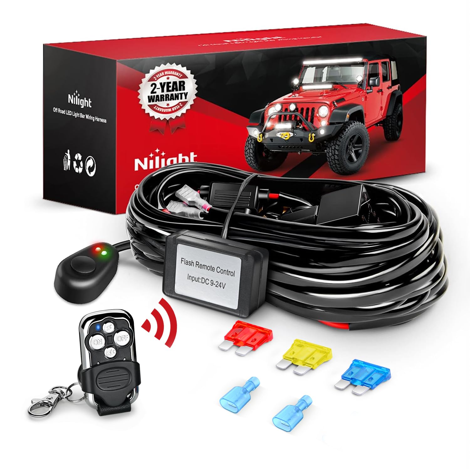 Nilight Remote Wiring Harness For Led Light Bar Wireless Strobe Flash Work Driving Lights 12V 20A 14Awg Remote Controller On Off