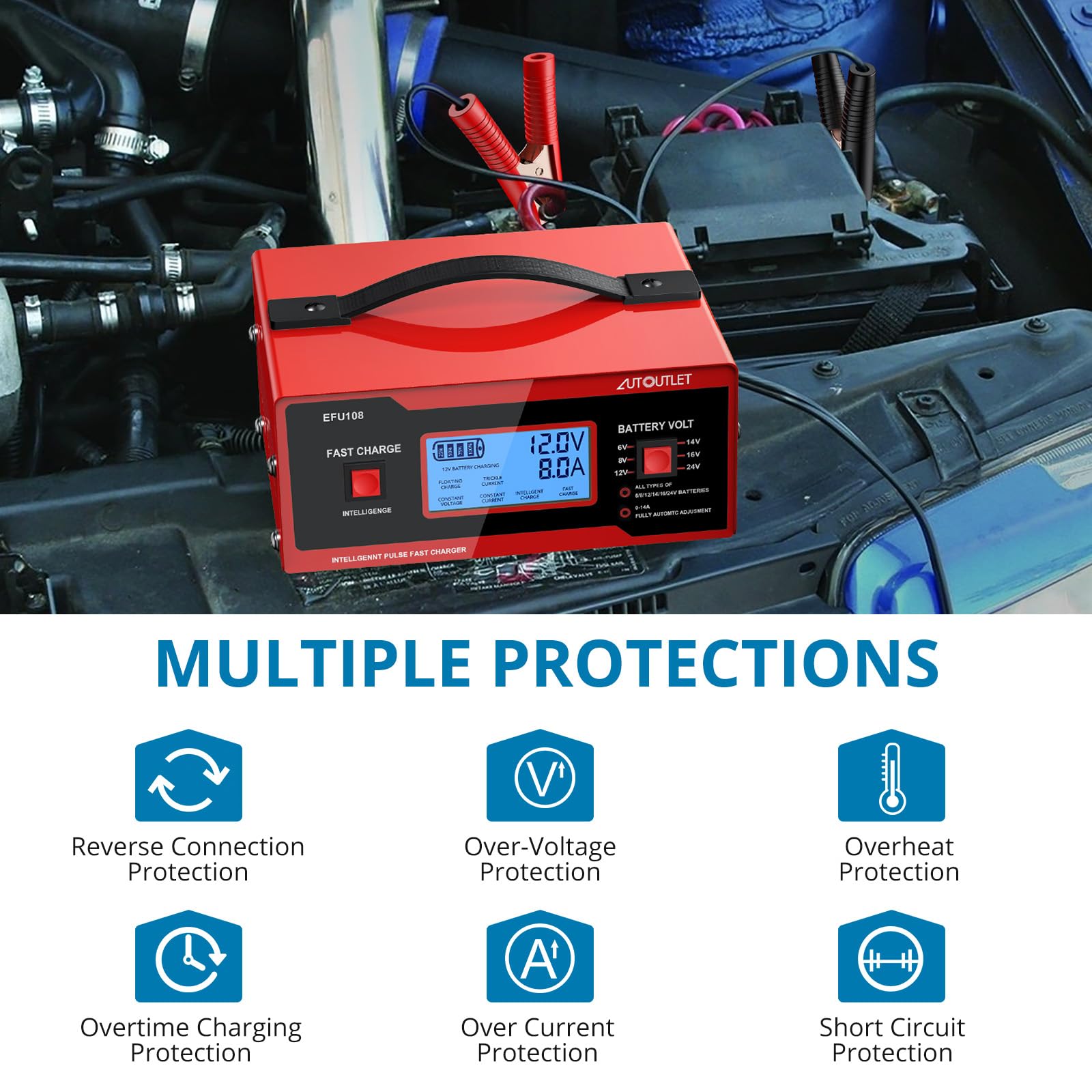 AUTOUTLET 8V Battery Charger for Golf Carts & Automotive, 0-10A, Red, Lead-Acid Compatible