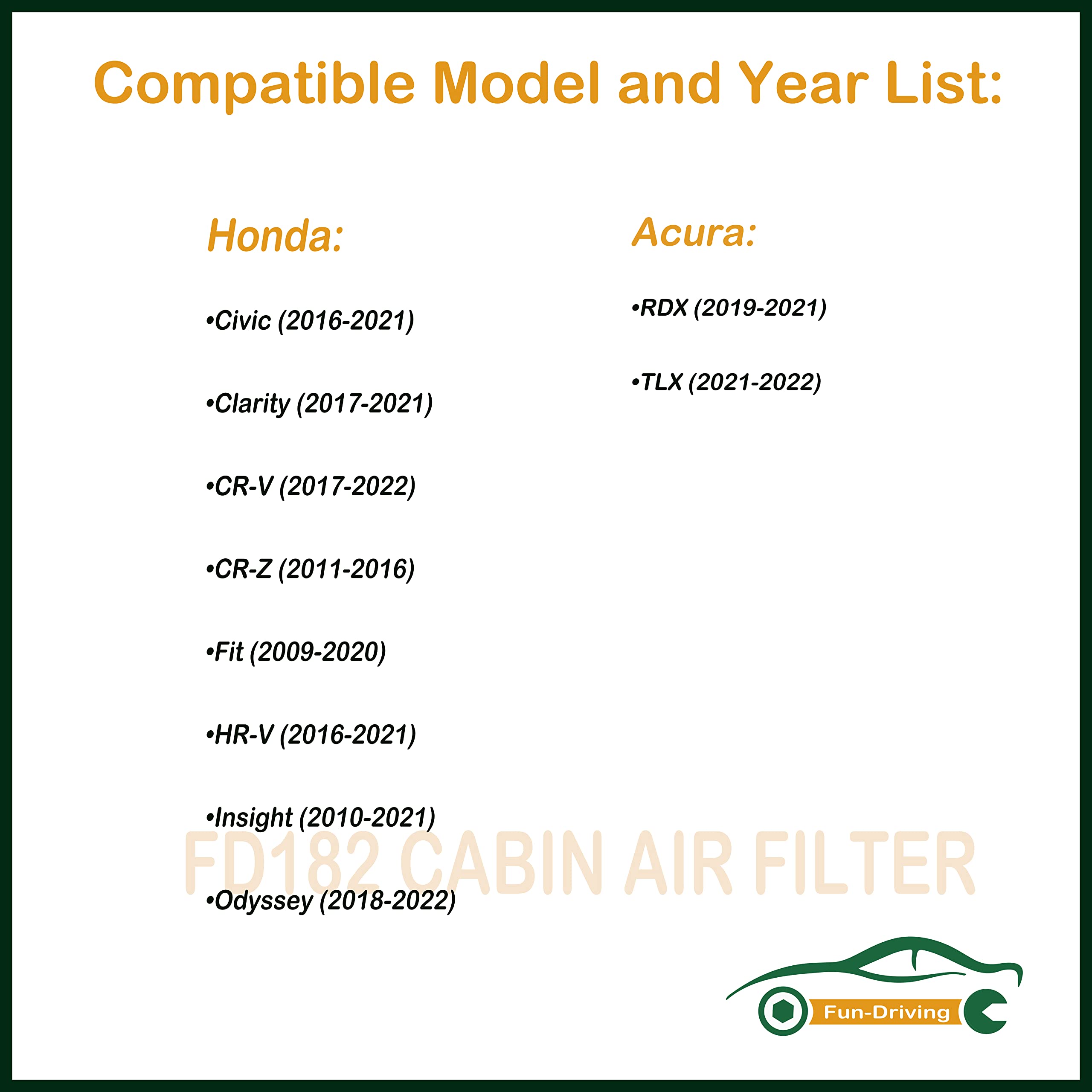 Fd182 Cabin Air Filter For Civic,Cr-V,Cr-Z,Fit,Hr-V,Insight,Replace Cf11182,Cp182,80292-Tf0-G01