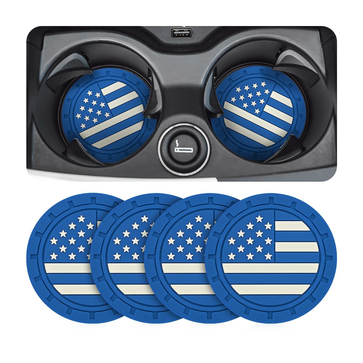 Auceli 4 Pack Car Cup Holder Coasters, American Flag Us Flag Insert Car Cup Coaster, 2.75 Inch Anti Slip Shockproof Embedded Dri