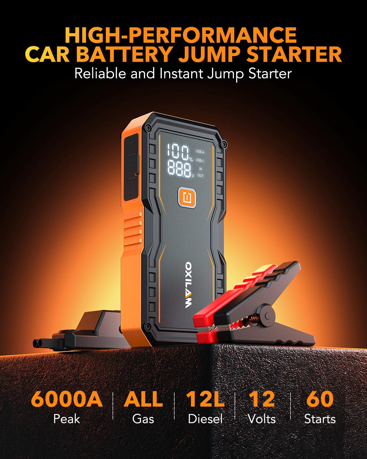 OXILAM Jump Starter 6000A - Portable Car Battery Jumper, 12V Lithium, LED Display, Orange, Model Y2