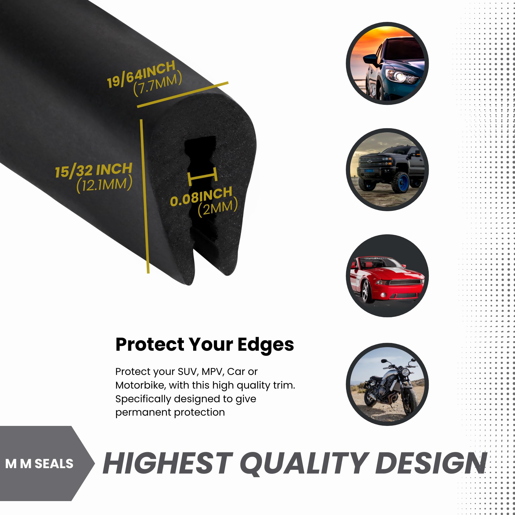 Black U Channel Edge Trim Seal Epdm 15/32'' High X 19/64'' Wide (33 Feet)
