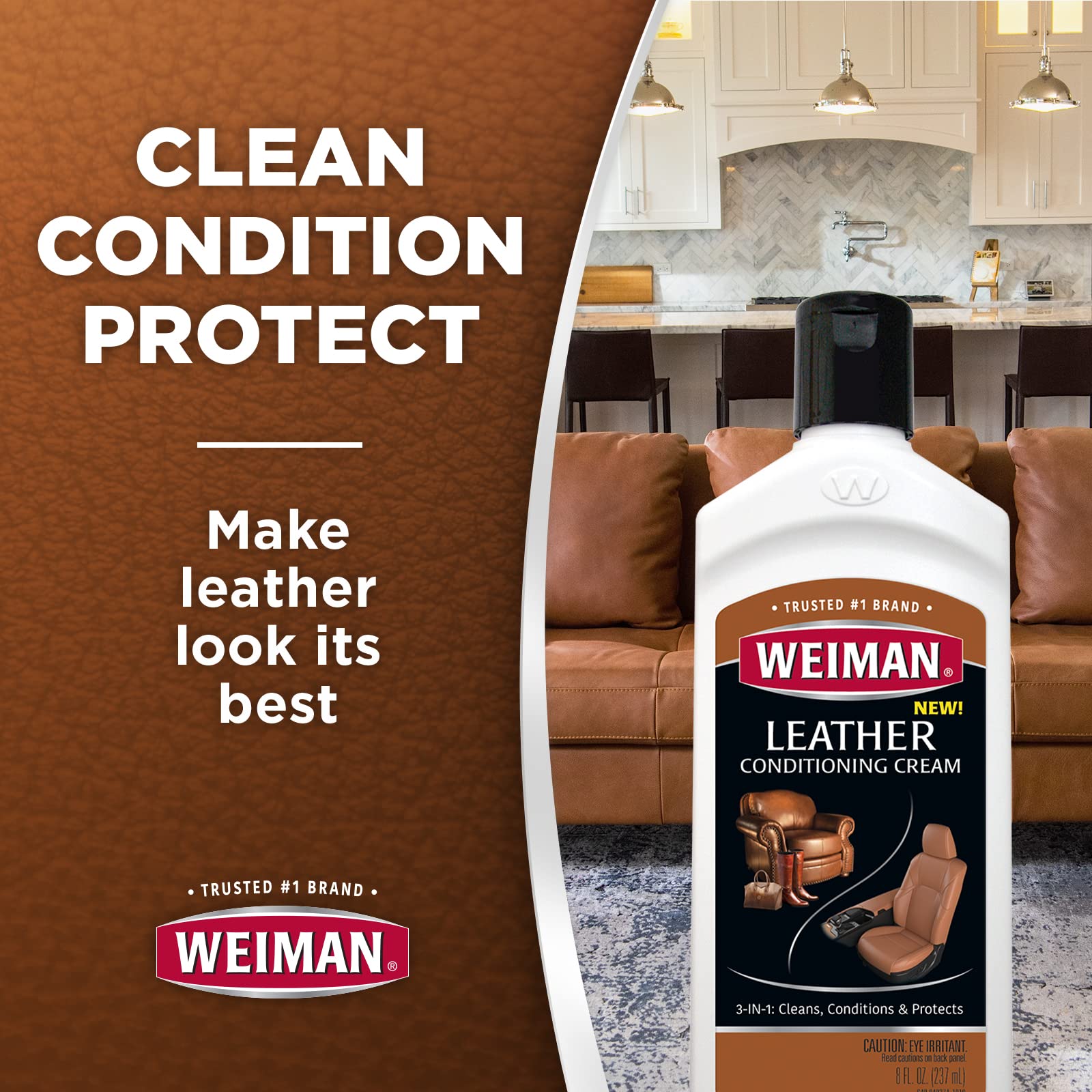 Weiman 3 in 1 Deep Leather Conditioner Cream - Restores Leather Surfaces - 8 Fl Oz (2 Pack)