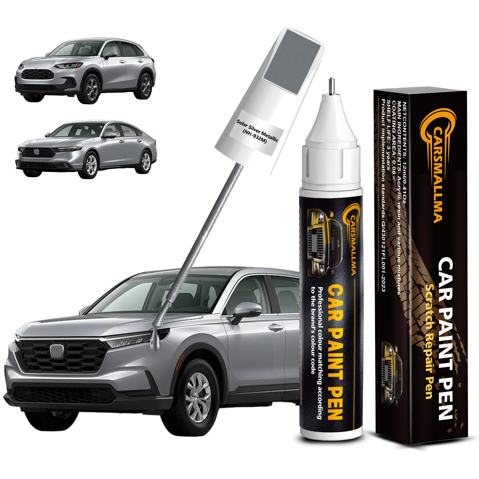 carsmallma Solar Silver Metallic(NH-932M) Car Touch Up Paint for Honda, Color Accurate Car Paint Scratch Repair Pen Kit Quick & 