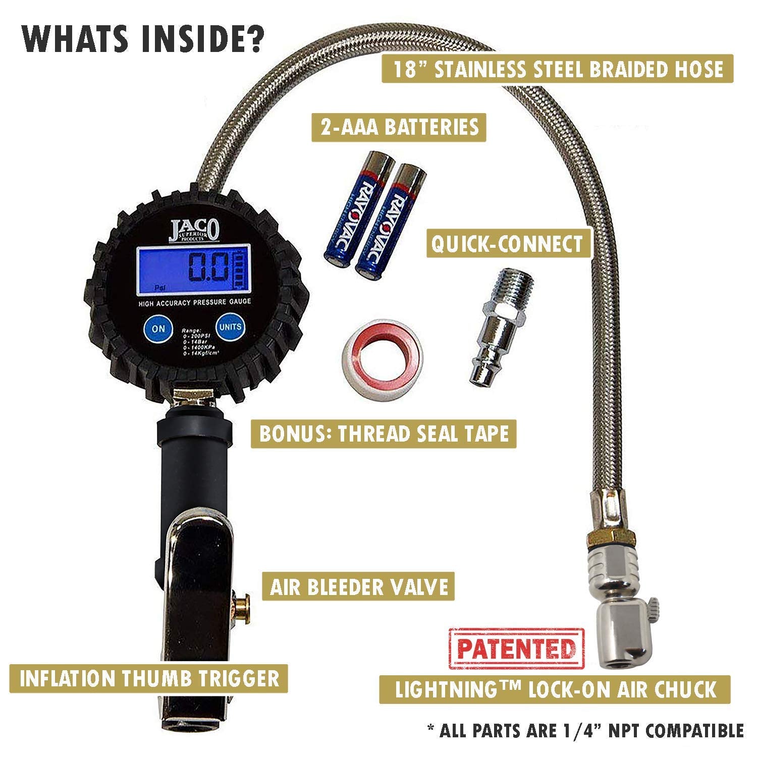 Jaco Flowpro Digital Tire Inflator With Pressure Gauge - 200 Psi