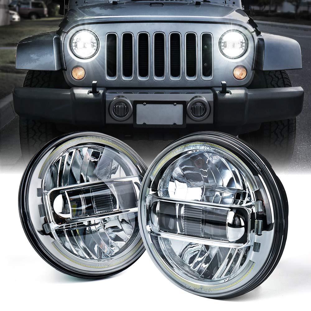Xprite 7 Inch Led Headlights Dot Approved Compatible With Jeep Wrangler Jk Lj Cj Tj Hummber H1 H2 1997-2018, With High/Low Beam, Halo Drl Round Headlamps