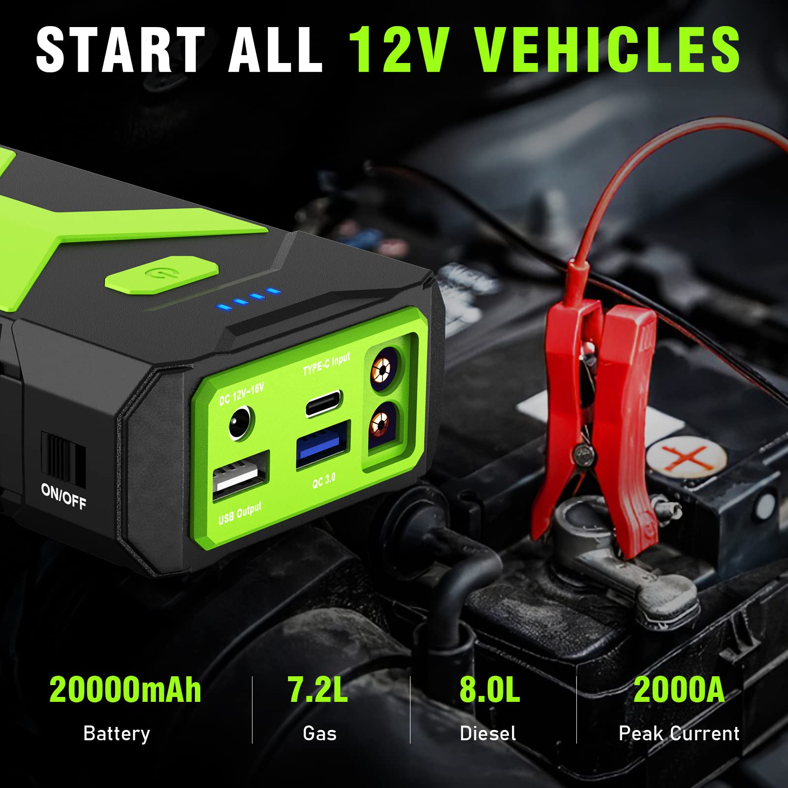 BooKoo 2000A Car Jump Starter 20000mAh Lithium Battery Pack A9 - Portable, QC 3.0, 16V/10A, Green