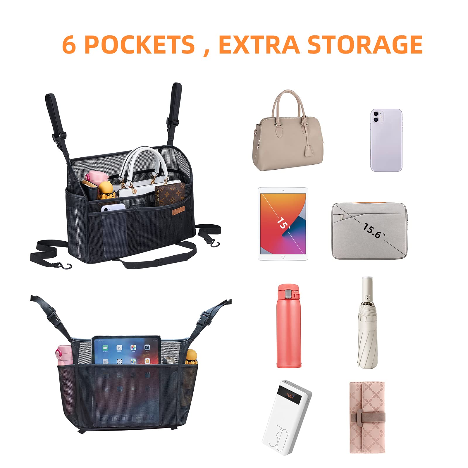 WLLWOO Car Net Pocket Handbag Holder - Between Seats Organizer, Polyethylene/Polyurethane, Front Seat Storage, Net Color