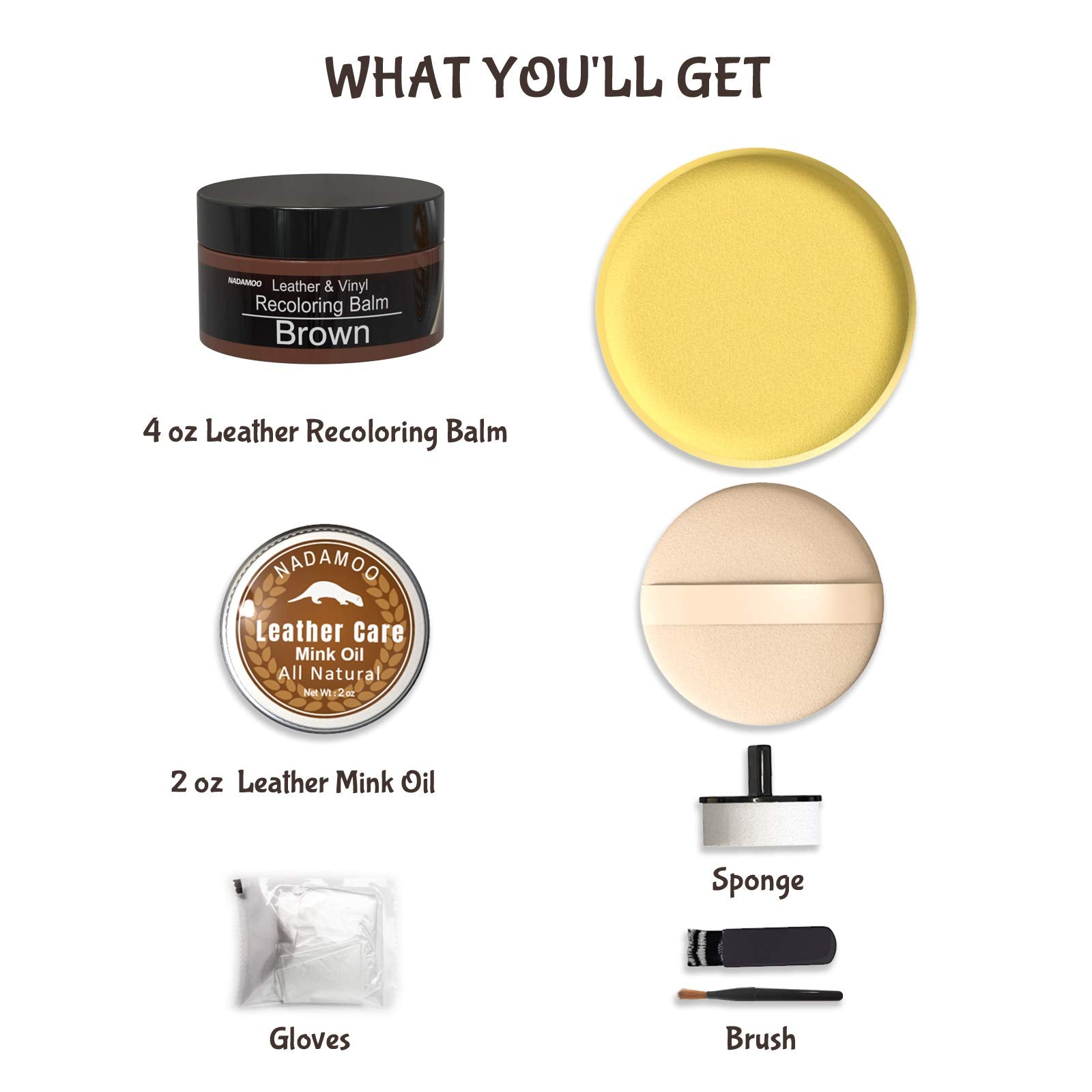 NADAMOO Brown Leather Recoloring Balm with Mink Oil - Leather Conditioner & Repair Kit for Couches, Car Seats, Shoes