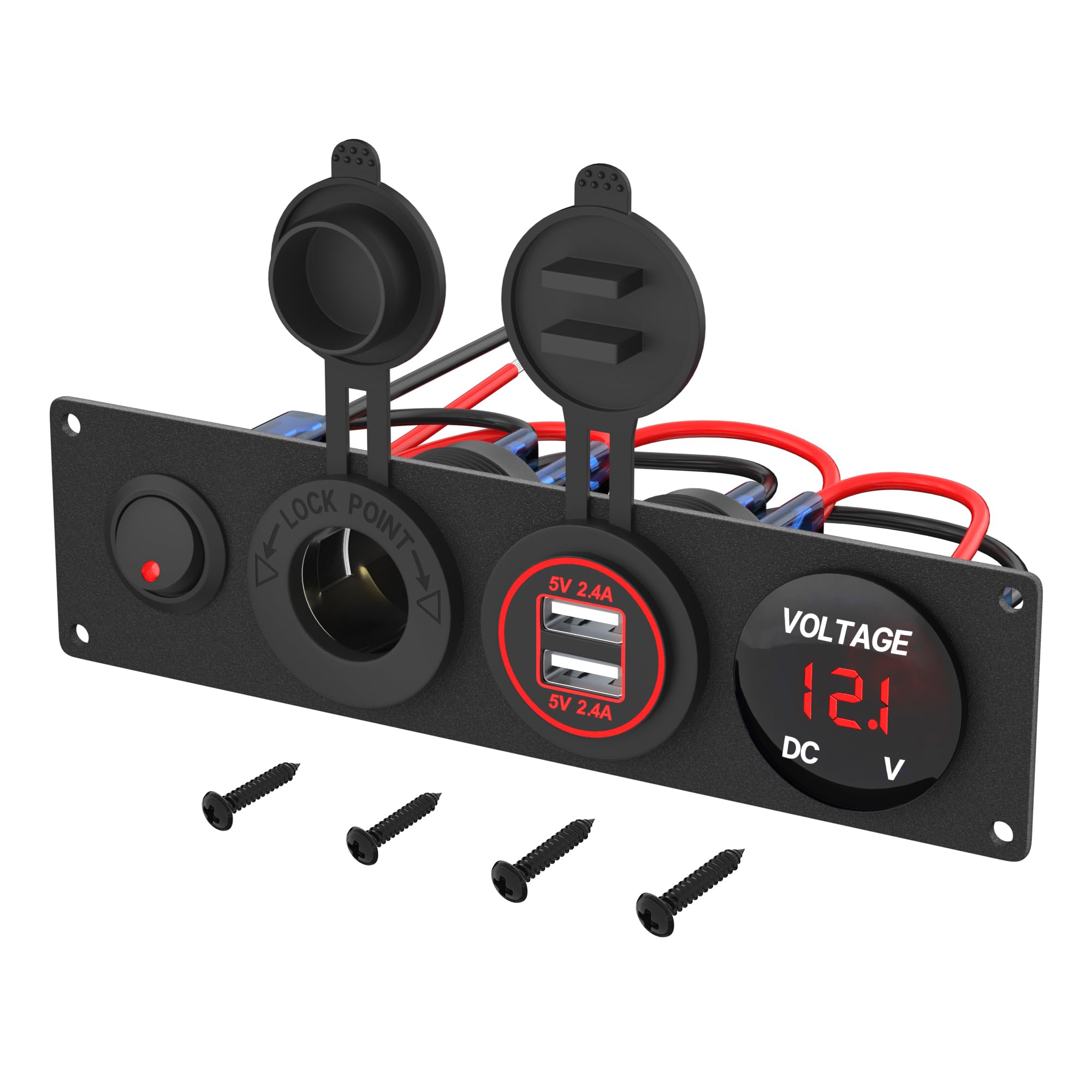 RVMARINEPAT 4 in 1 12V USB Panel with LED Voltmete & Dual USB Charger Socket Power & Cigarette Lighter Socket & Red LED Lighted 