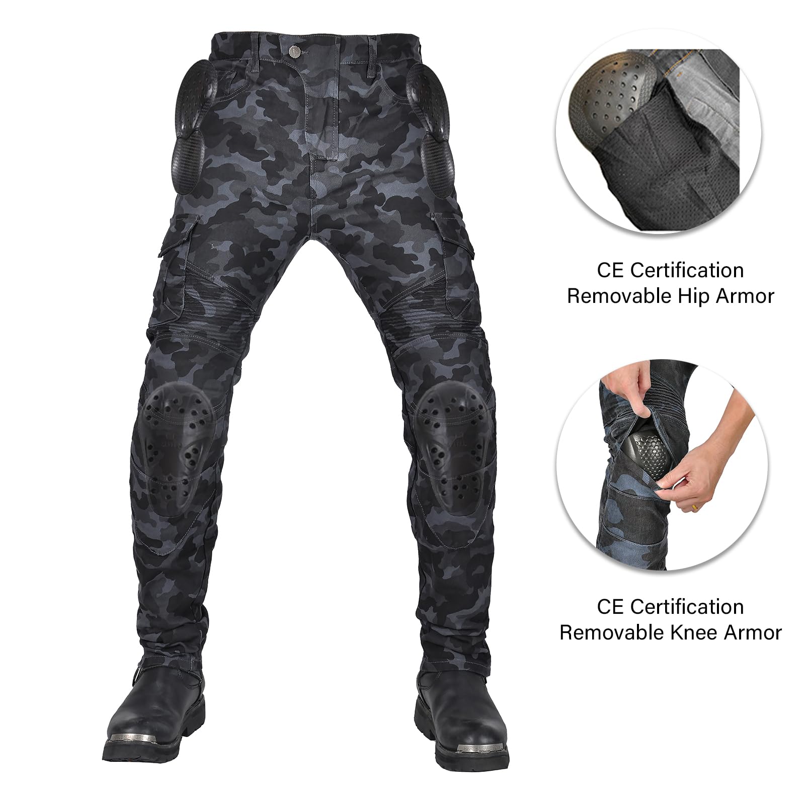 LOMENG Motorcycle Pants Motorbike Riding Denim Jeans Biker Motocross Pants with CE Removable Armored for Men Blue Camouflage XL
