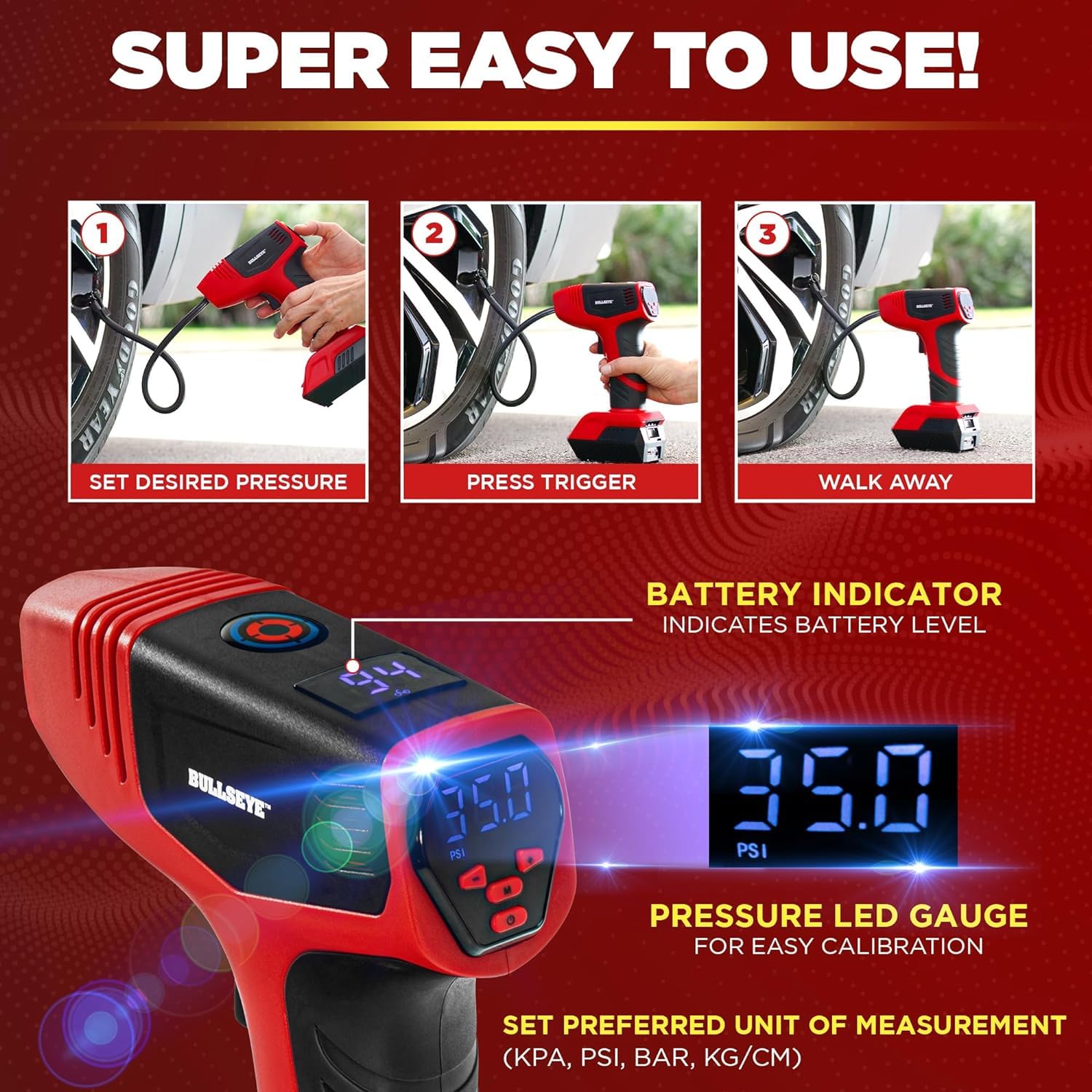 EMSON Bullseye Pro Tire Inflator 150 PSI with Gauge Display & LED Lights, Rechargeable, Red Set of 2