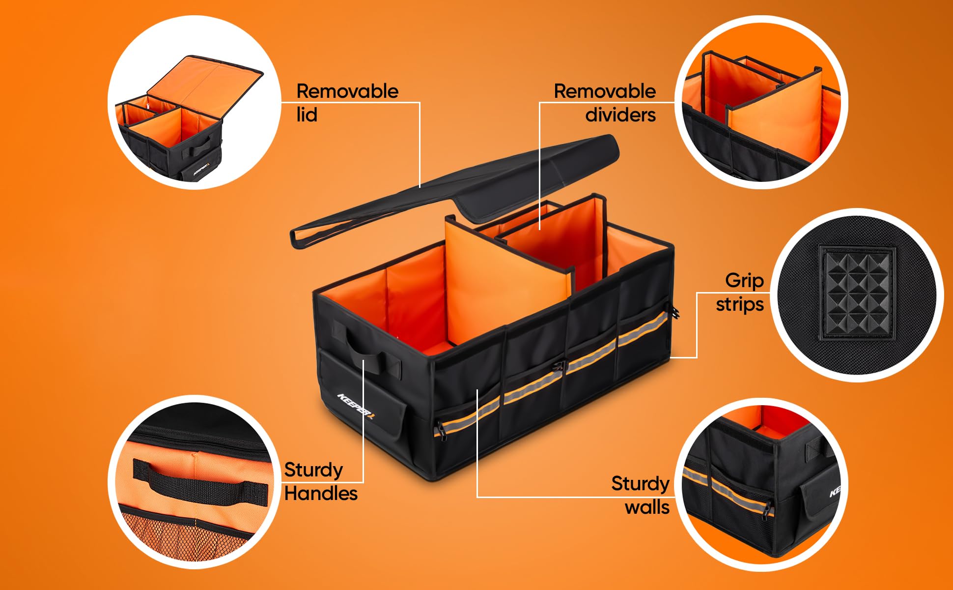 KEEPER Standard Trunk Organizer - 48L Multi-Compartment Car Storage, Black/Orange, Collapsible, Non-Slip Bottom, Model 30032
