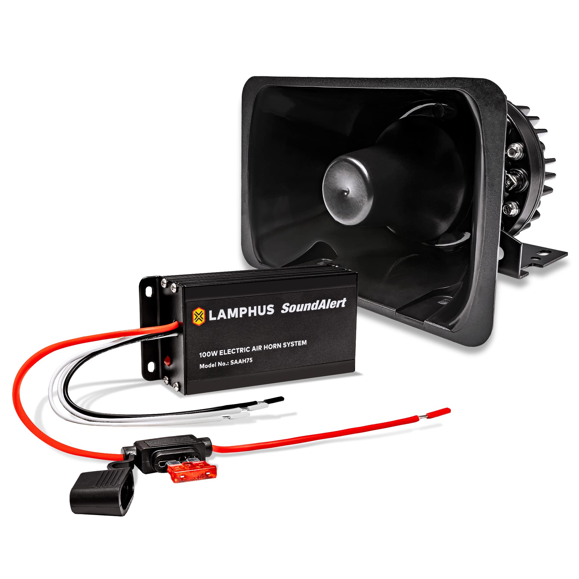 Soundalert 100W Police Air Horn Amplifier Kit [120-130 Db Bullhorn Speaker] [Manual Control Or Stock Horn Bybass] [10 A Fuse Pro