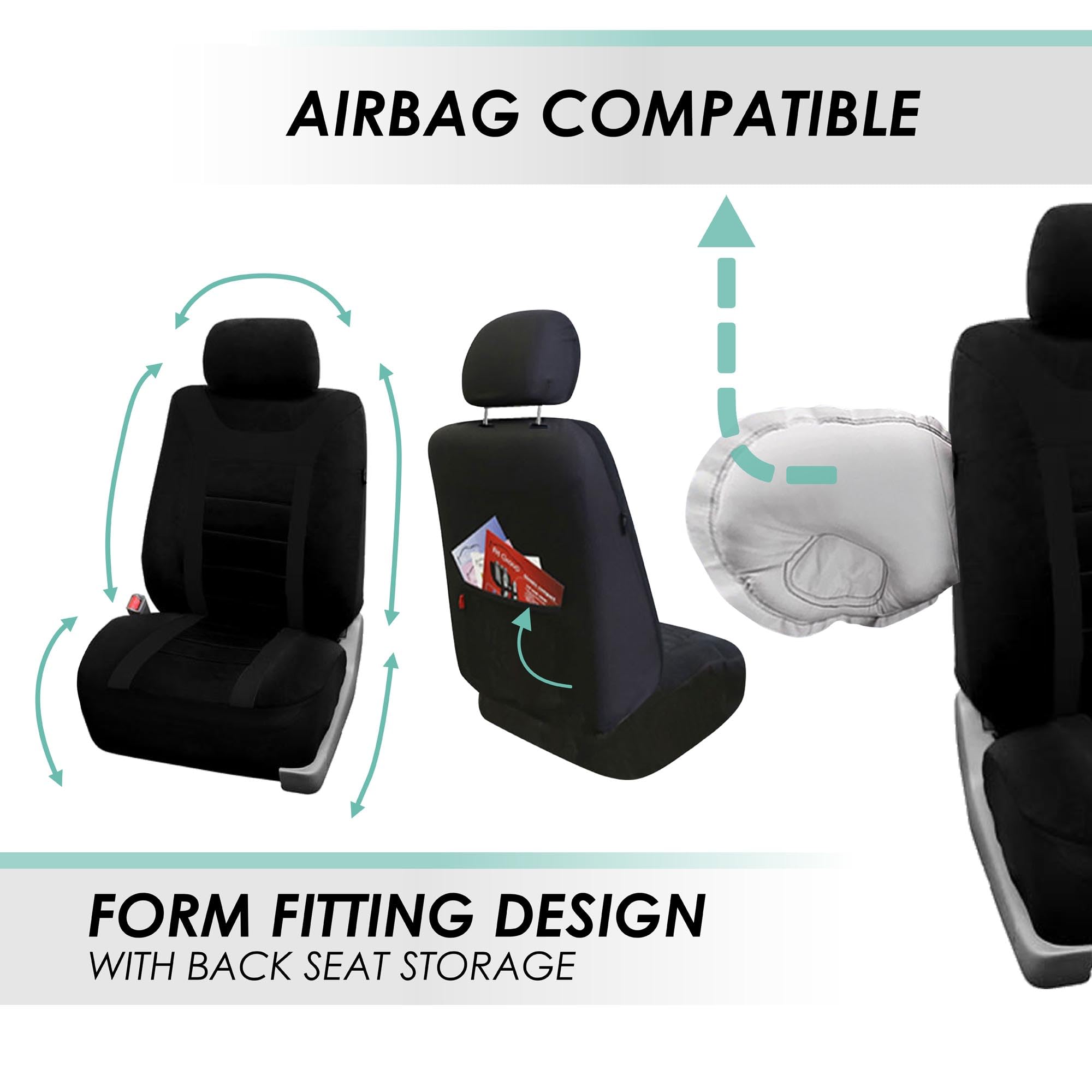 Fh Group Car Seat Covers Sports Fabric Three Row Set Black Automotive Seat Covers, Airbag And Split Rear Car Seat Cover Universa