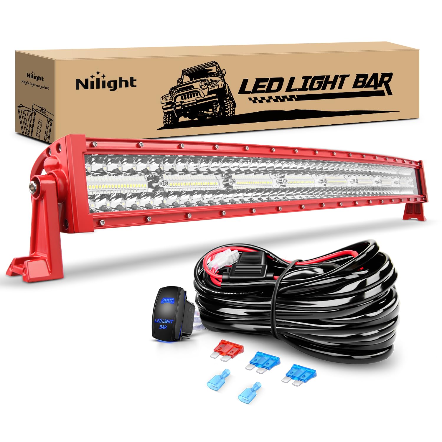 Nilight Led Light Bar 33Inch Triple Row Spot Flood Combo Lights Red Shell With Wiring Harness Kit For Fog Driving Work Lighting