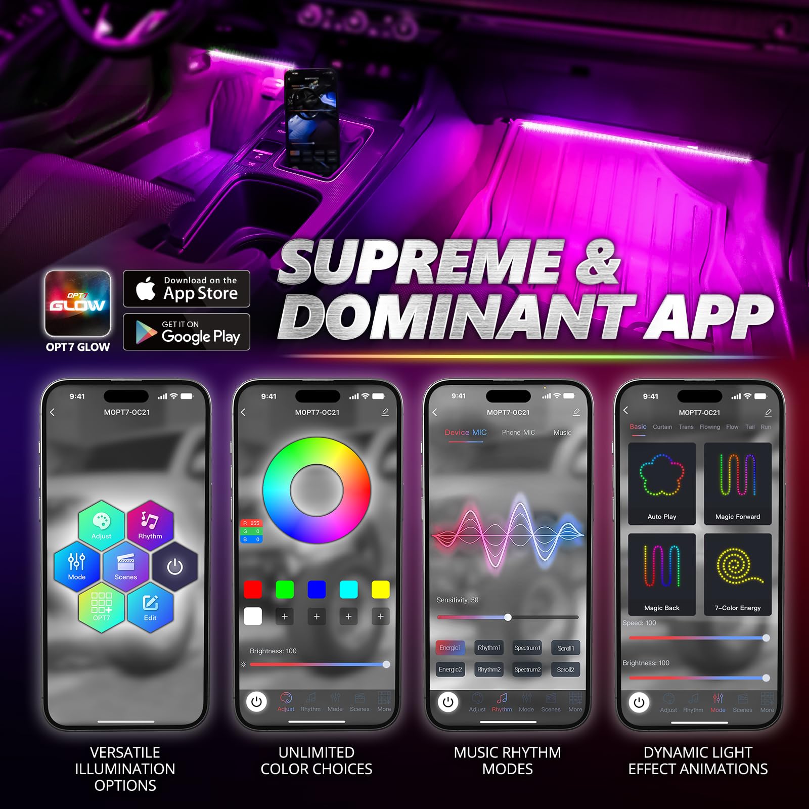 Opt7 Aura Pro Interior Car Lights With App & Remote Control, Rgb Color Change, Music Sync Inside Ambient Lighting Kit, Car Suv V