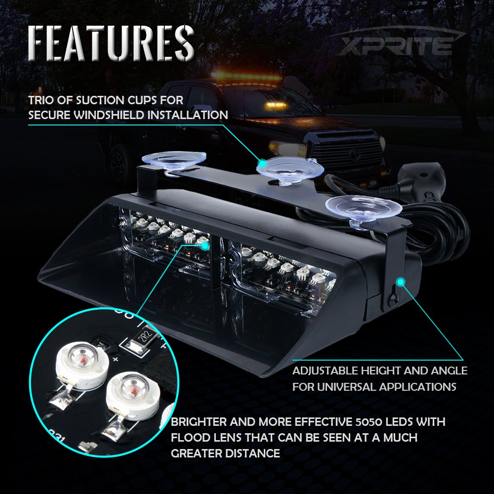 Xprite Amber White Led Emergency Dash Strobe Light, Interior Windshield Safety Warning Traffic Lights W/Suction Cups, 12V Windsh