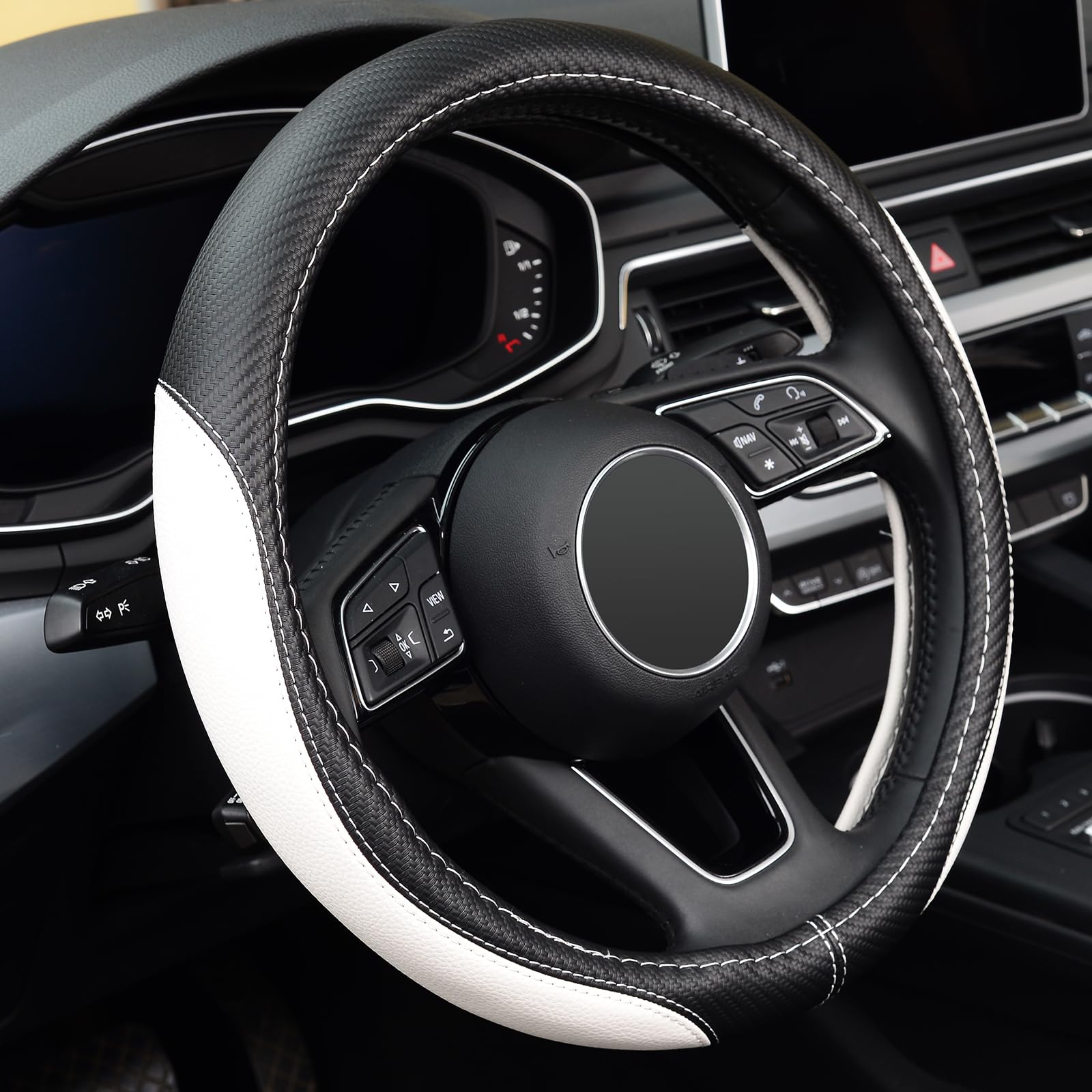 Labbyway Microfiber Leather Auto Car Steering Wheel Cover, Universal Fit 15 Inch Anti-Slip Wheel Protector, White