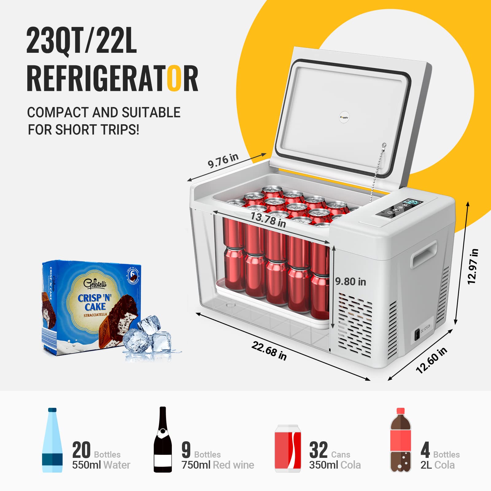 BougeRV 12V Car Refrigerator - 23 Quart Portable Freezer Cooler, Grey, Model CR22, for RV, Truck, Camping, -7℉ to 50℉