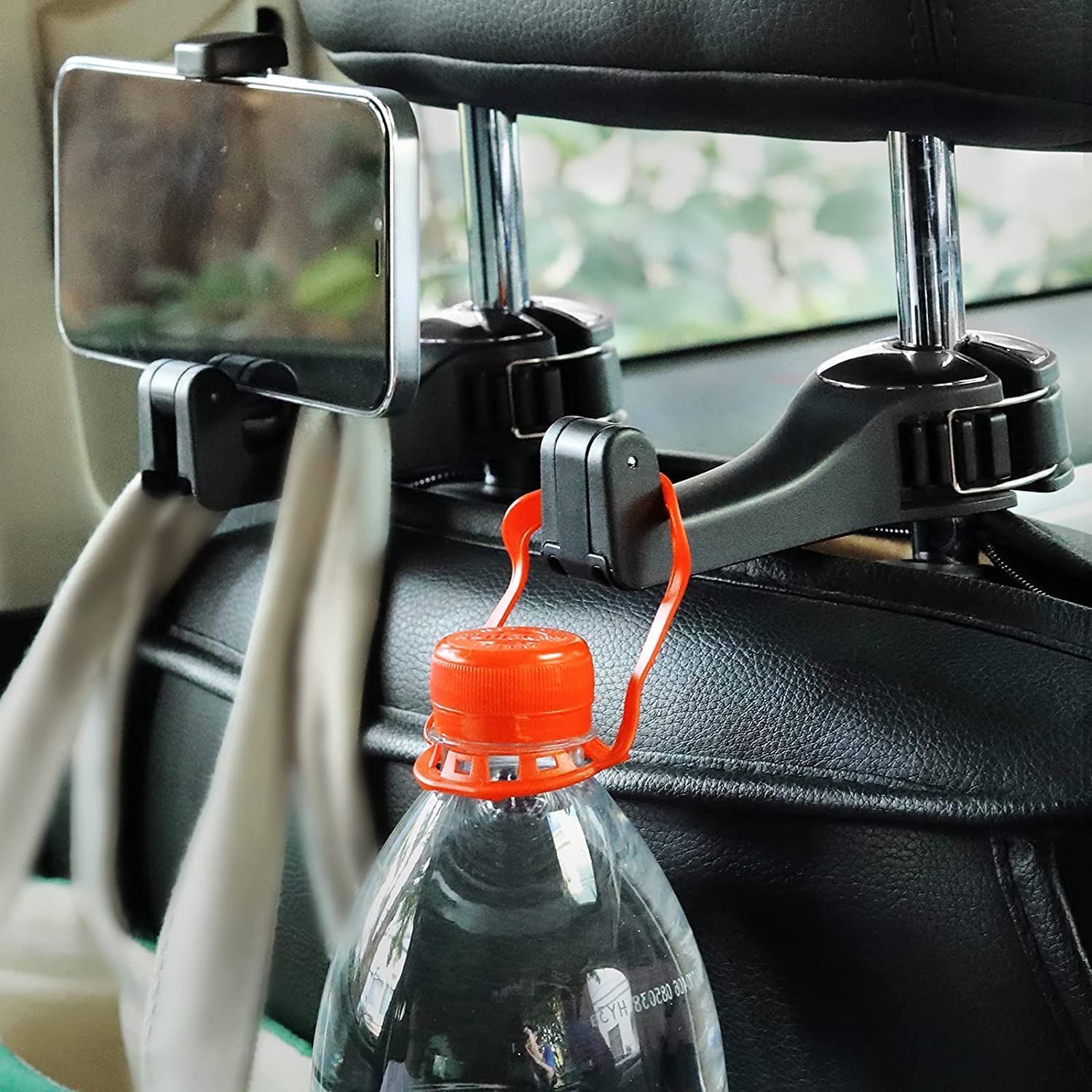 Toovren Upgraded 2 Pack Car Headrest Hidden Hook 2 In 1 Car Seat Hooks With Phone Holder For Purse, Backpacks,Toys,And Even Bott