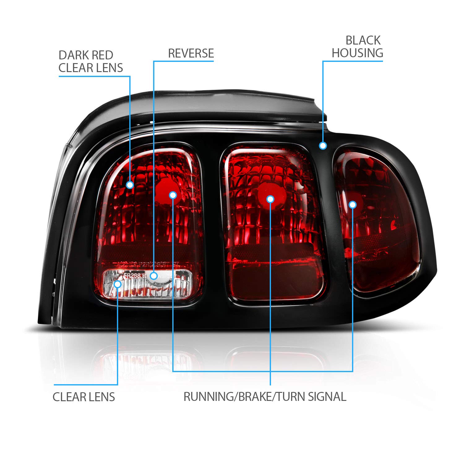AmeriLite Brake Tail Lights Set for 1994-1998 Ford Mustang - Black Housing, Dark Red OE Style, Driver & Passenger Side