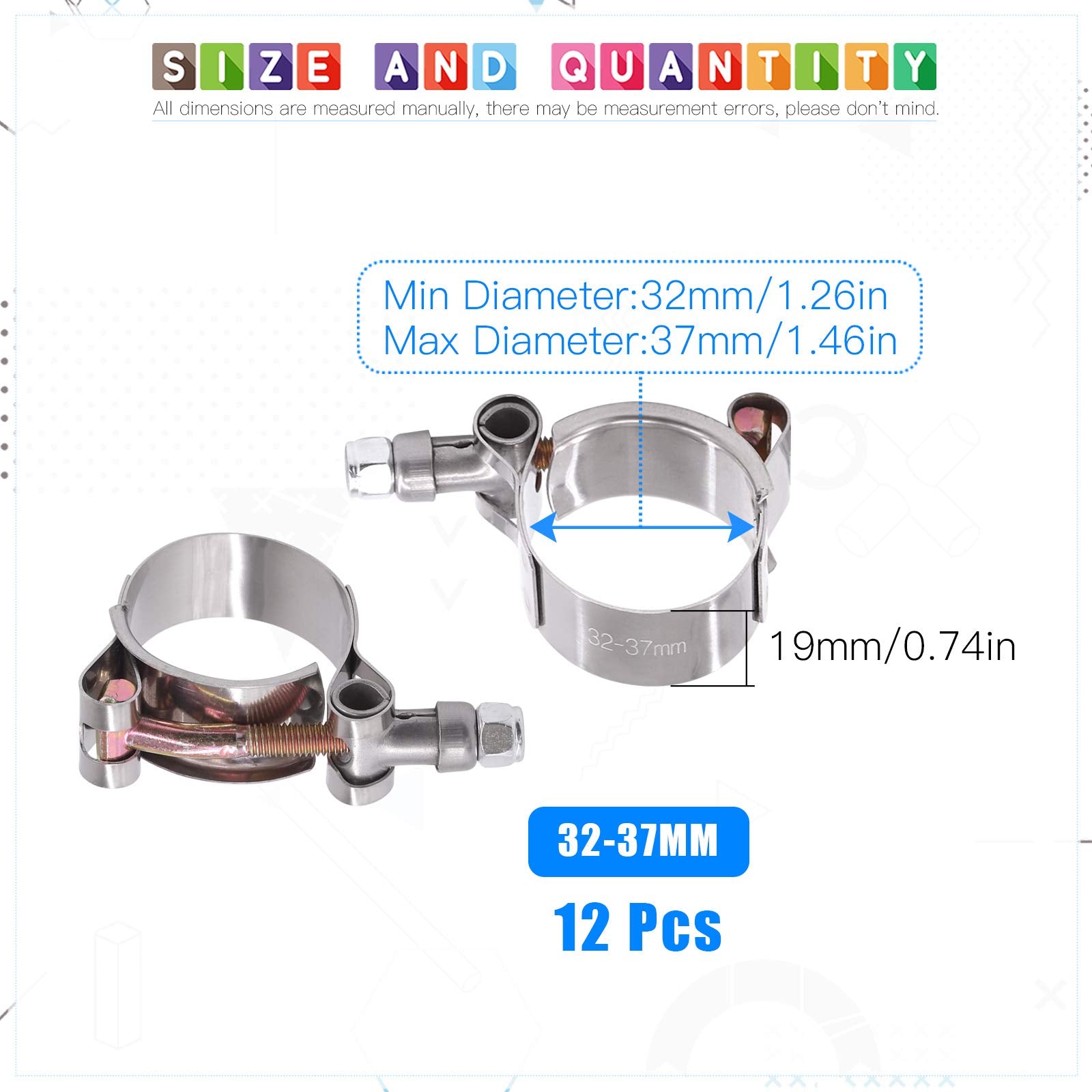 Glarks 12Pcs 44-51Mm Stainless Steel T-Bolt Hose Clamps Turbo Intake Soft Hose Intercooler Clamps
