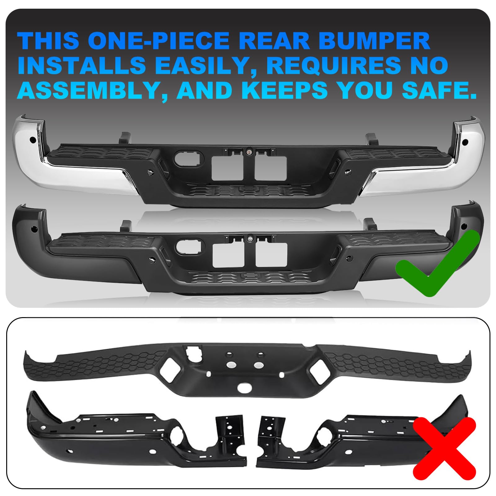 SOCKIR (w/Sensor Holes) Rear Bumper Assembly Fits for 2016-2023 Toyota Tacoma Back Step Bumper Chrome One-piece Molding Anti-Rus