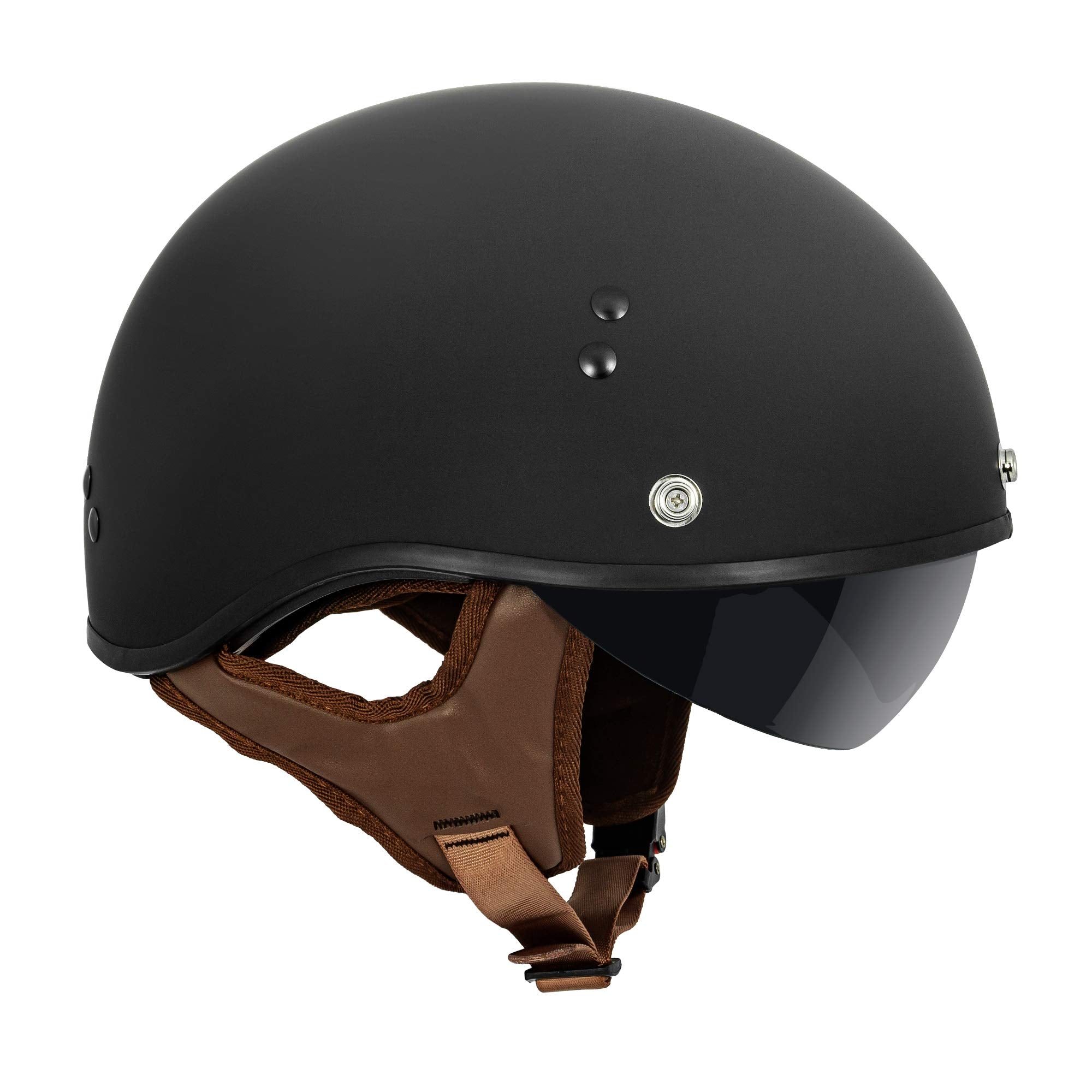 VCAN Cruiser Solid Flat Black Half Face Motorcycle Helmet with Drop-Down Sun Visor, Removable Peak and Quick Release Buckle (Lar