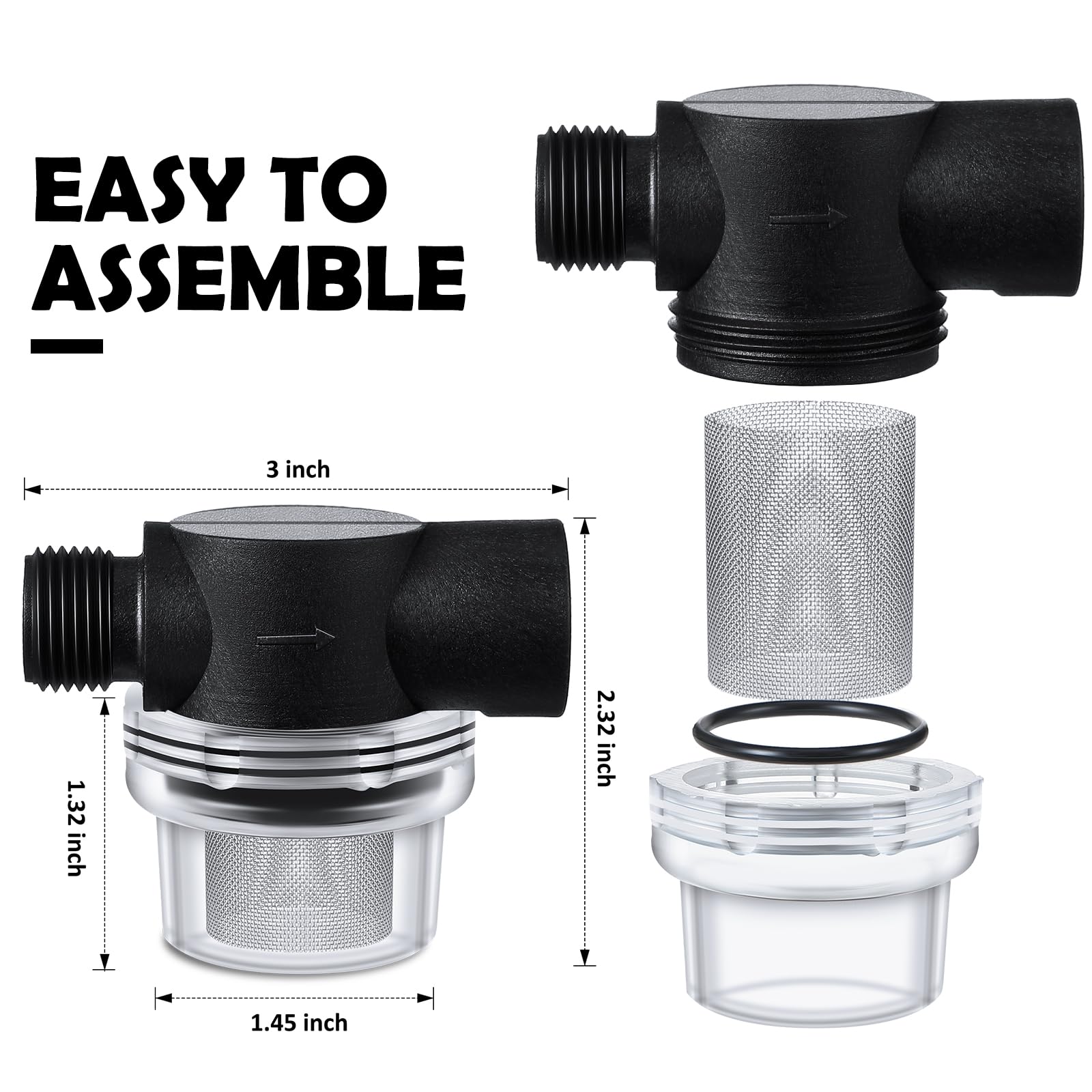 Honoson 3 Pcs Water Pump Strainer Filter Set Include Twist on Pipe Filter and Extra 50 Mesh Stainless Steel Screen, Rv Replaceme