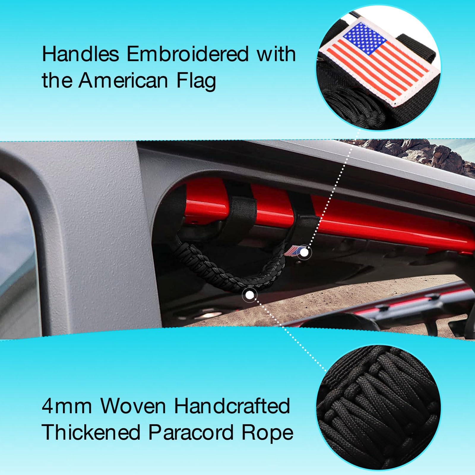 GAIZON 4 Pack Grab Handles Paracord Roll Bar for Jeep Wrangler Accessories CJ YJ TJ JL JK LJ JLU JKU Sahara Freedom Rubicon,Glad