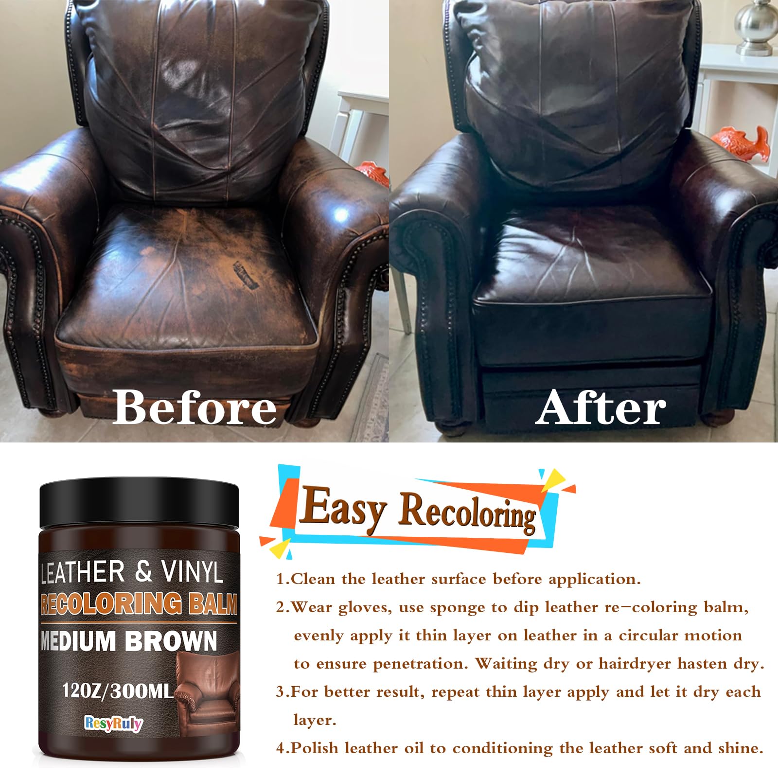 Resyruly Leather Recoloring Balm - Medium Brown Dye for Vinyl & Leather, 70% Polymer, Ideal for Seats, Furniture & Accessories