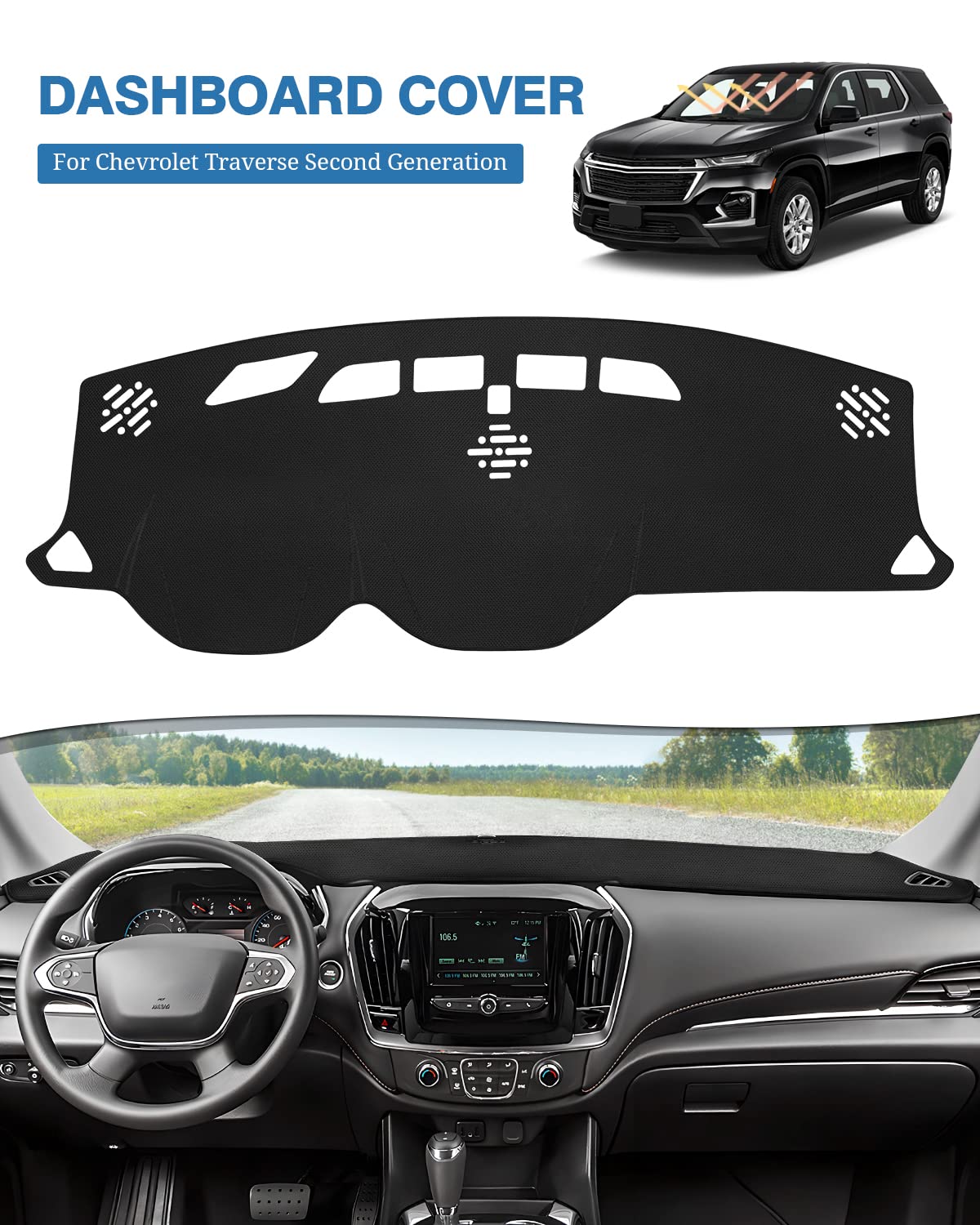 Fiilines Dash Cover For Chevrolet Traverse 2018-2023, Dashboard Mat Cover Sunshade Nonslip Mesh Protector No Glare Black