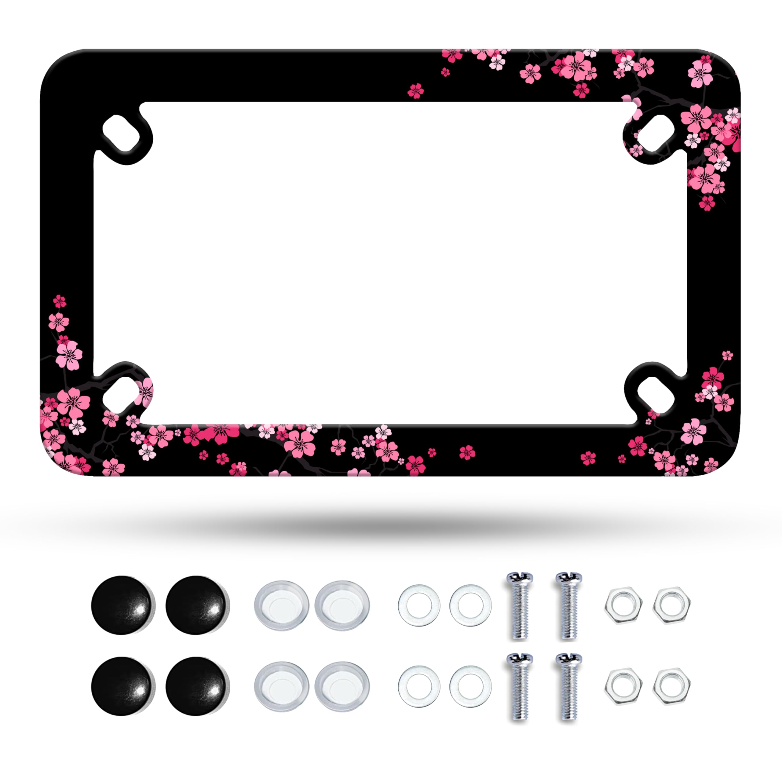 Motorcycle Pink Cherry Blossoms License Plate Frame Flowers Stainless Steel Material Funny Motorbike License Plate Holder Motorc