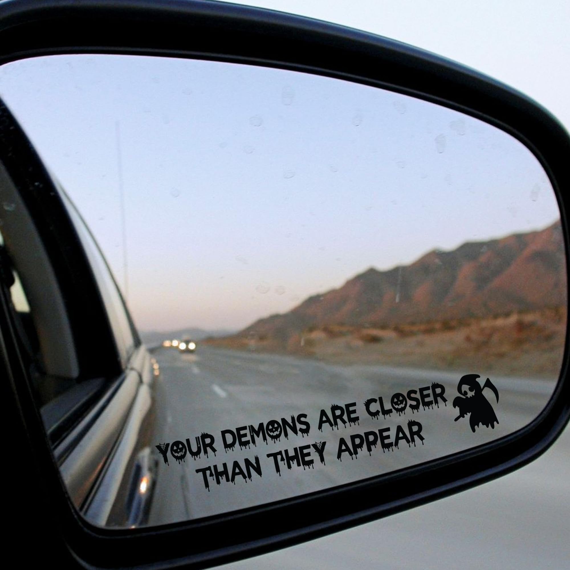 Funny Halloween Vanity Mirror Stickers - 2 Pcs, Rear View Mirror Sticker, Car Decorations, Goth Car Accessories (Your Demons Bla