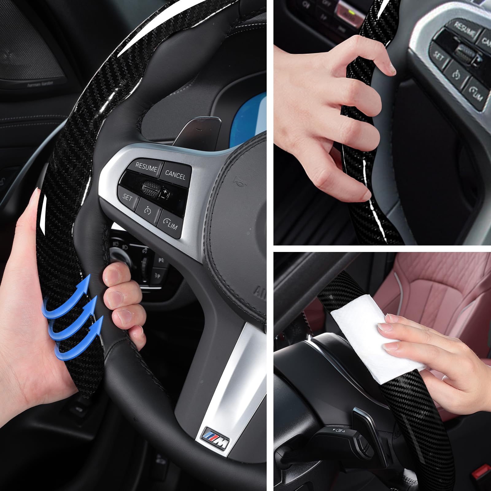 Car Steering Wheel Cover Set Bright Carbon Fiber Wrap Non-Slip 3pcs Steering Wheel Accessories 14.5-15 inch Universal (Black)