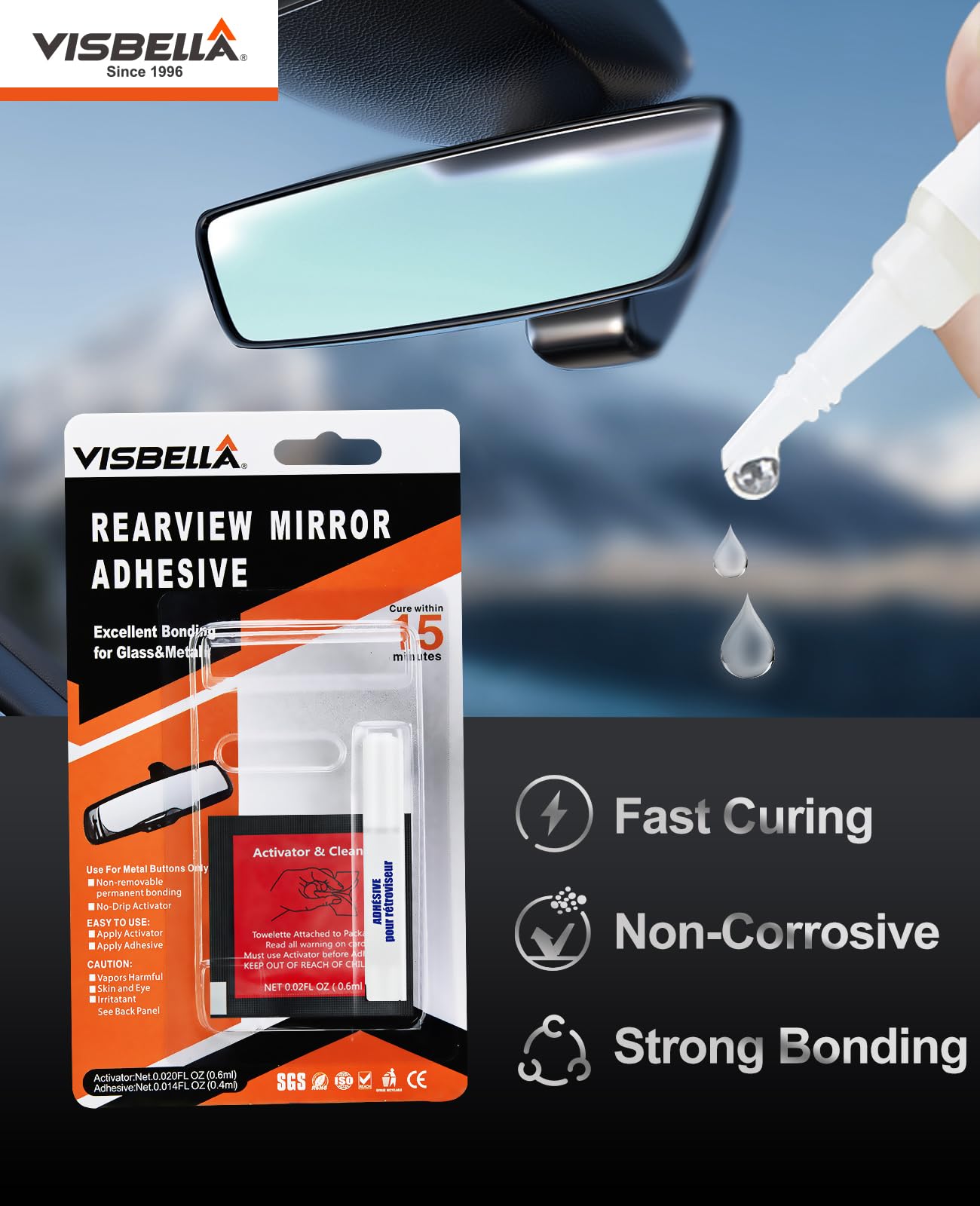 Visbella Rearview Mirror Adhesive Repair Kit - Clear Epoxy Resin Glue for Windshield & Glass - Excellent Bonding