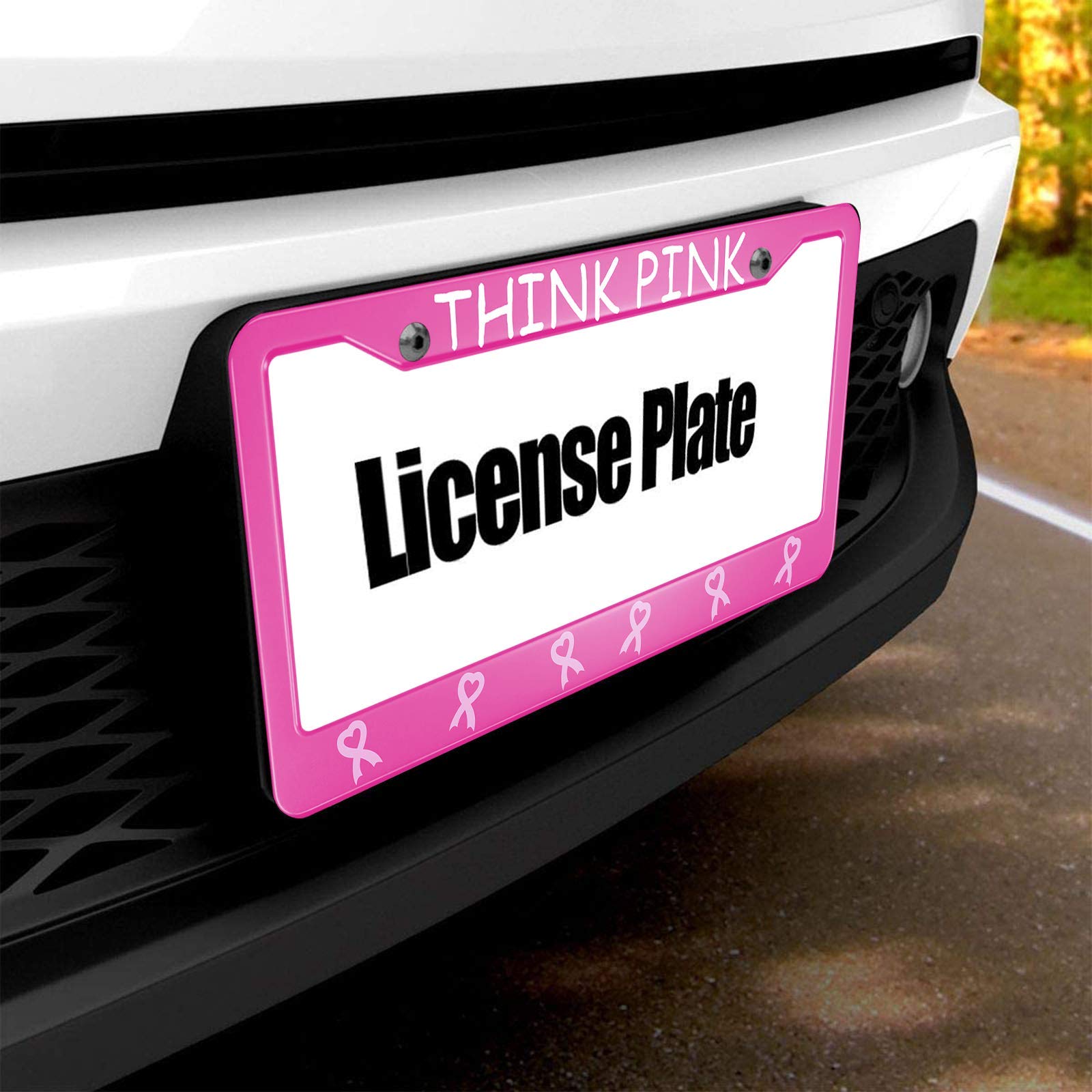 Hosnye Pink Ribbon License Plate Frame Caring For Women'S Health Metal License Plate Cover Front Plates Frames Car Tag Frame For