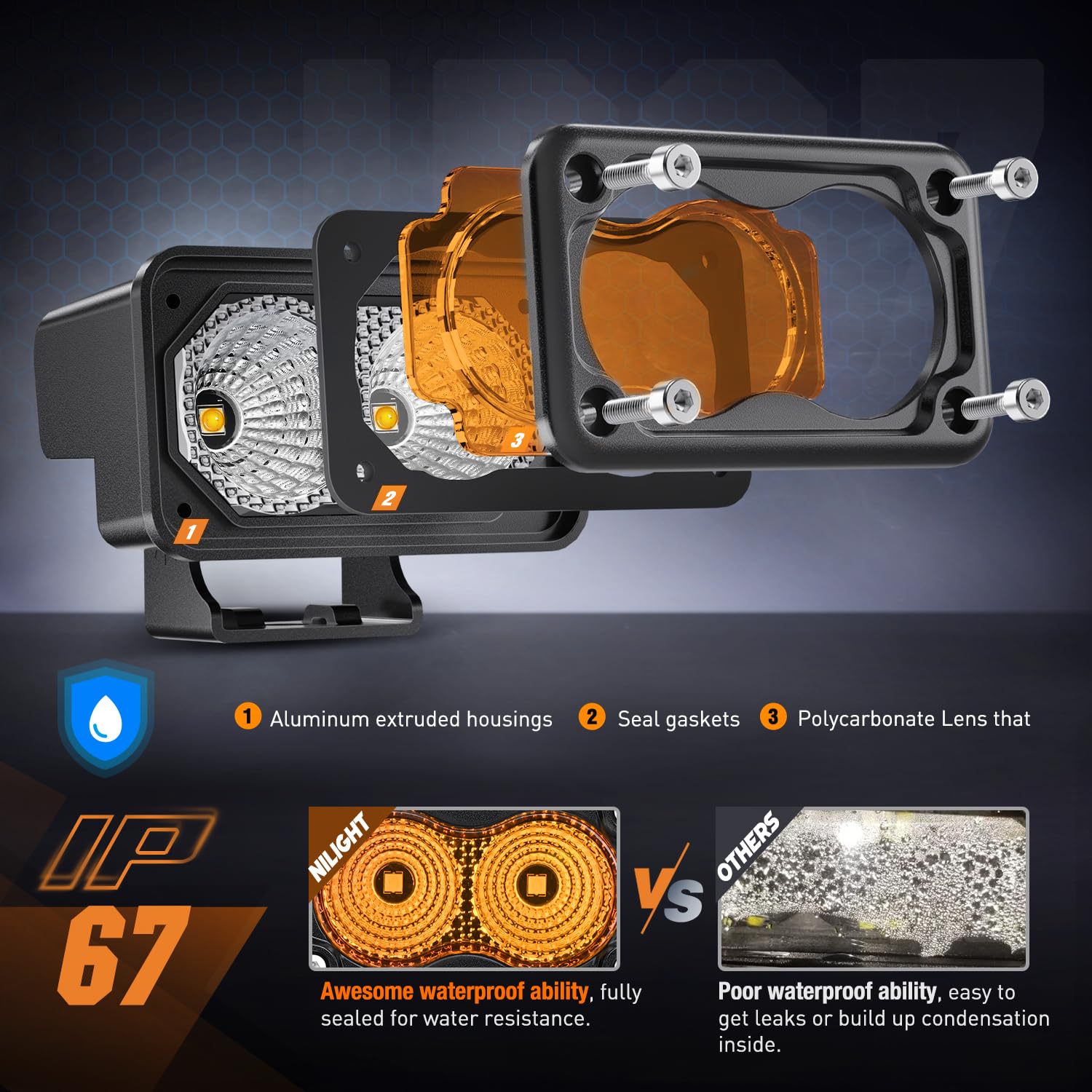 Nilight Amber Motorcycle Light Pods 2 PCS 3 Inch 1070LM Flood Offroad Driving Auxiliary Fog Lights Built-in EMC for Motorbike SU