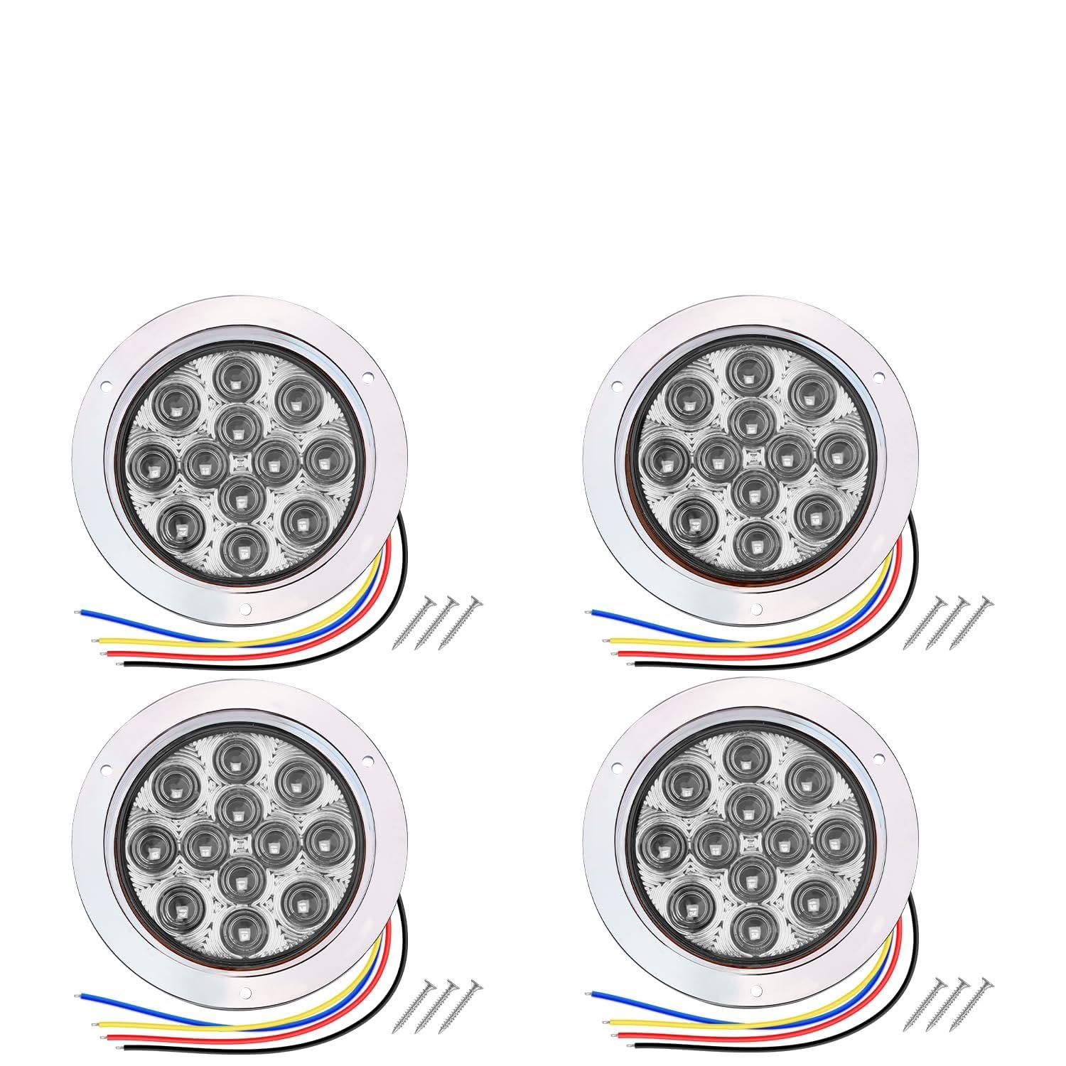 TMH 4 Inch Clear Lens Red LED Strobe Trailer Tail Lights, 12 LED Flush Mount, Chrome Bezel, Waterproof, Solid & Flashing Strobe 