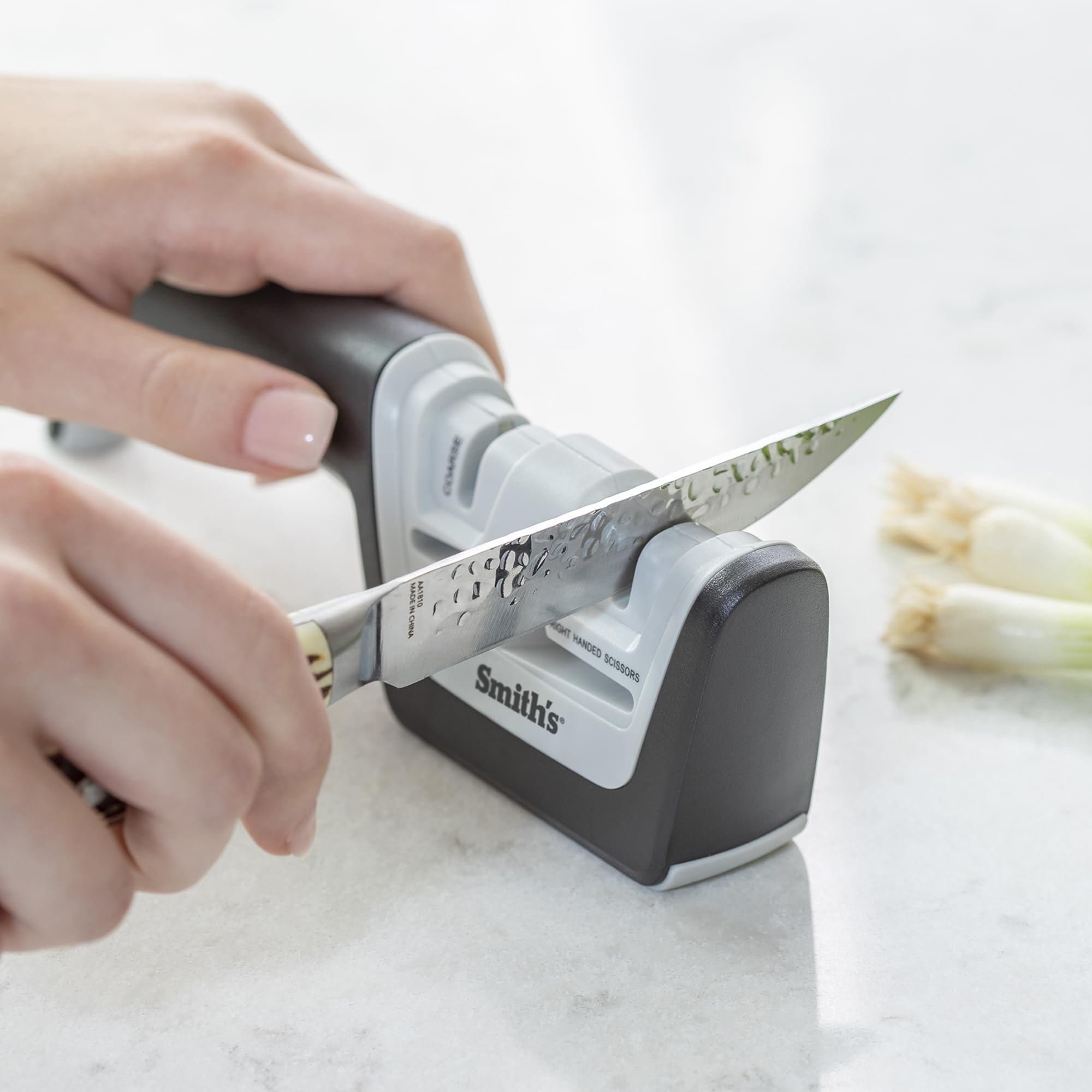 Kitcheniq 50217 Diamond Pull-Thru Knife & Scissor Sharpener - Black/White - Pull-Thru Knife Sharpener - Left & Right-Handed Scis