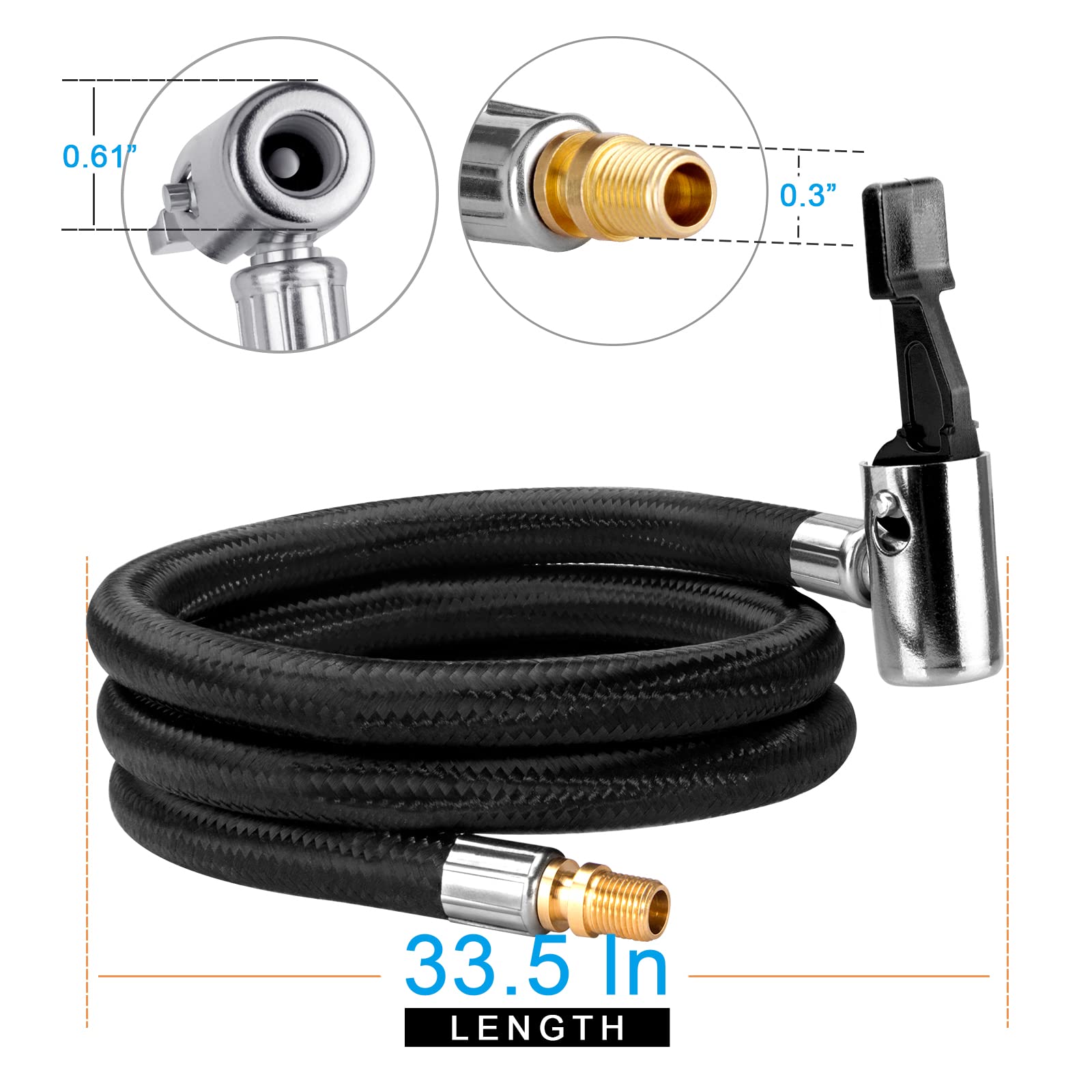 LUMITECO 31 Tire Inflator Hose Adapter with Lock On Air Chuck & Schrader Valve - Braided Hose Set for Tire Pumps