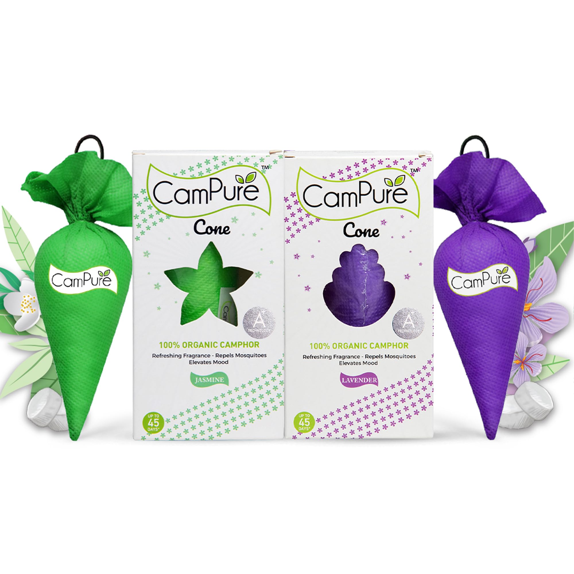 Campure Camphor Cone (1 Jasmine + 1 Lavender) Pack Of 2-100% Organic | Air Freshener For Car, Wardrobe, Office CabinS, Drawers,