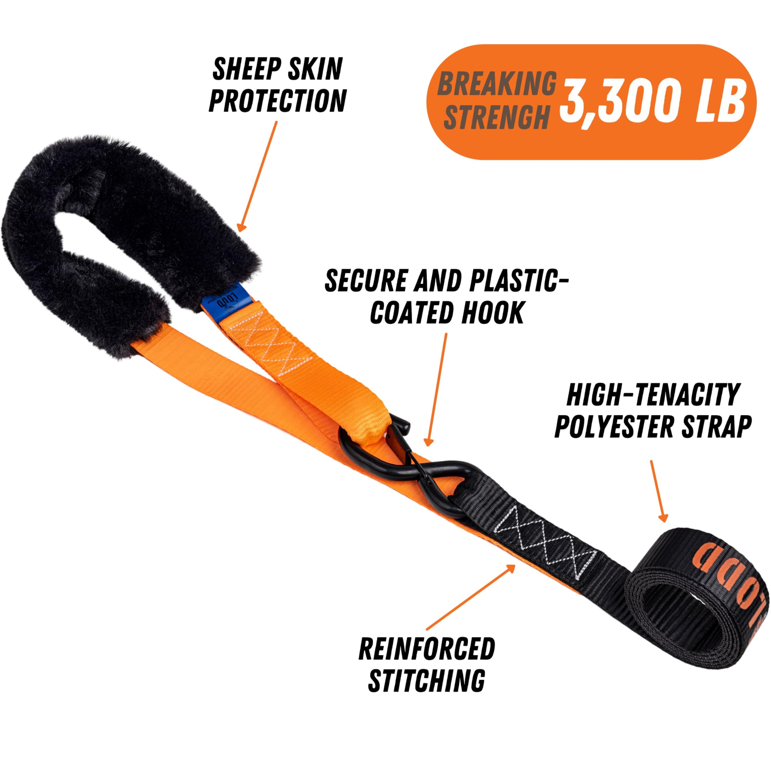 LODD Motorcycle Tie Down Straps - 38mm, Black & Orange, Polyester, 3300 lb Strength, Includes Carry Case, Model MTD1L