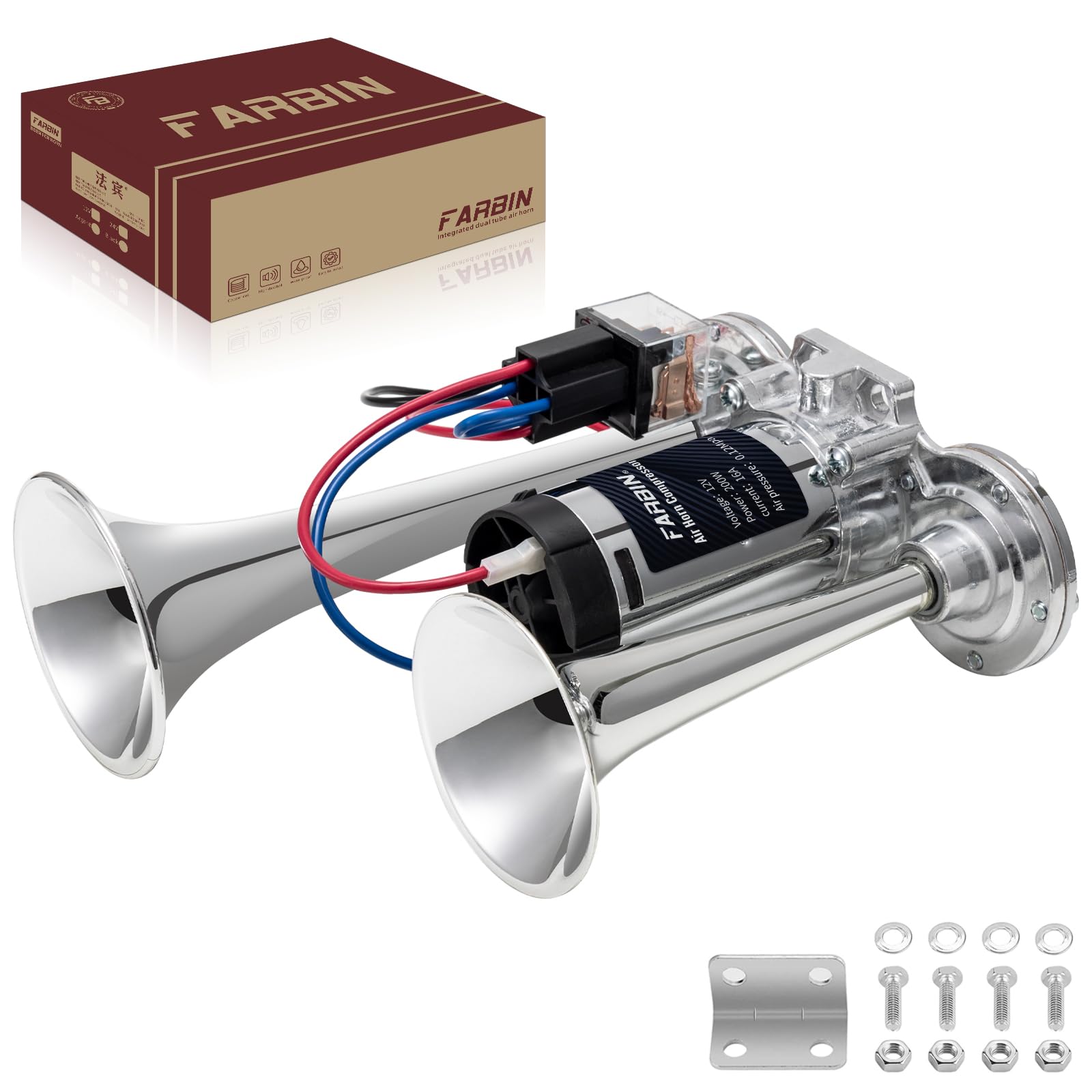 Farbin Air Horn For Truck 12V Loud Train Horn With Air Compressor Dual-Trumpet Chrome Compatible With Trucks Pickups Motorcycles