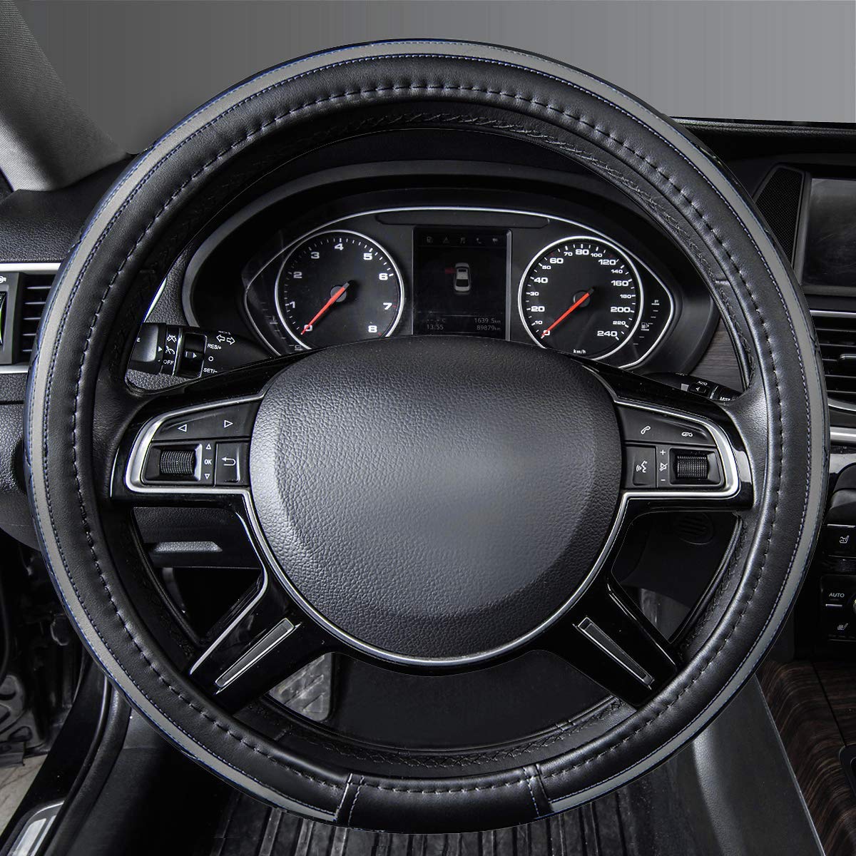 CAR PASS Sporty Quilting Leather Universal Fit Steering Wheel Cover,Fit for Suvs,Vans,Sedans,Trucks for 14.7'' to 15''(Black & G